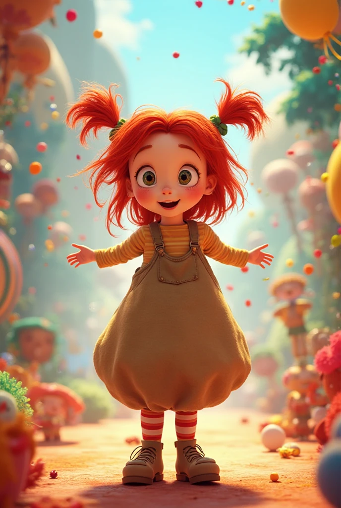 score_8, Score_9, female_child, rosy, red hair, overalls, yellow shirt, ponytail, standing, smiling, outdoors,