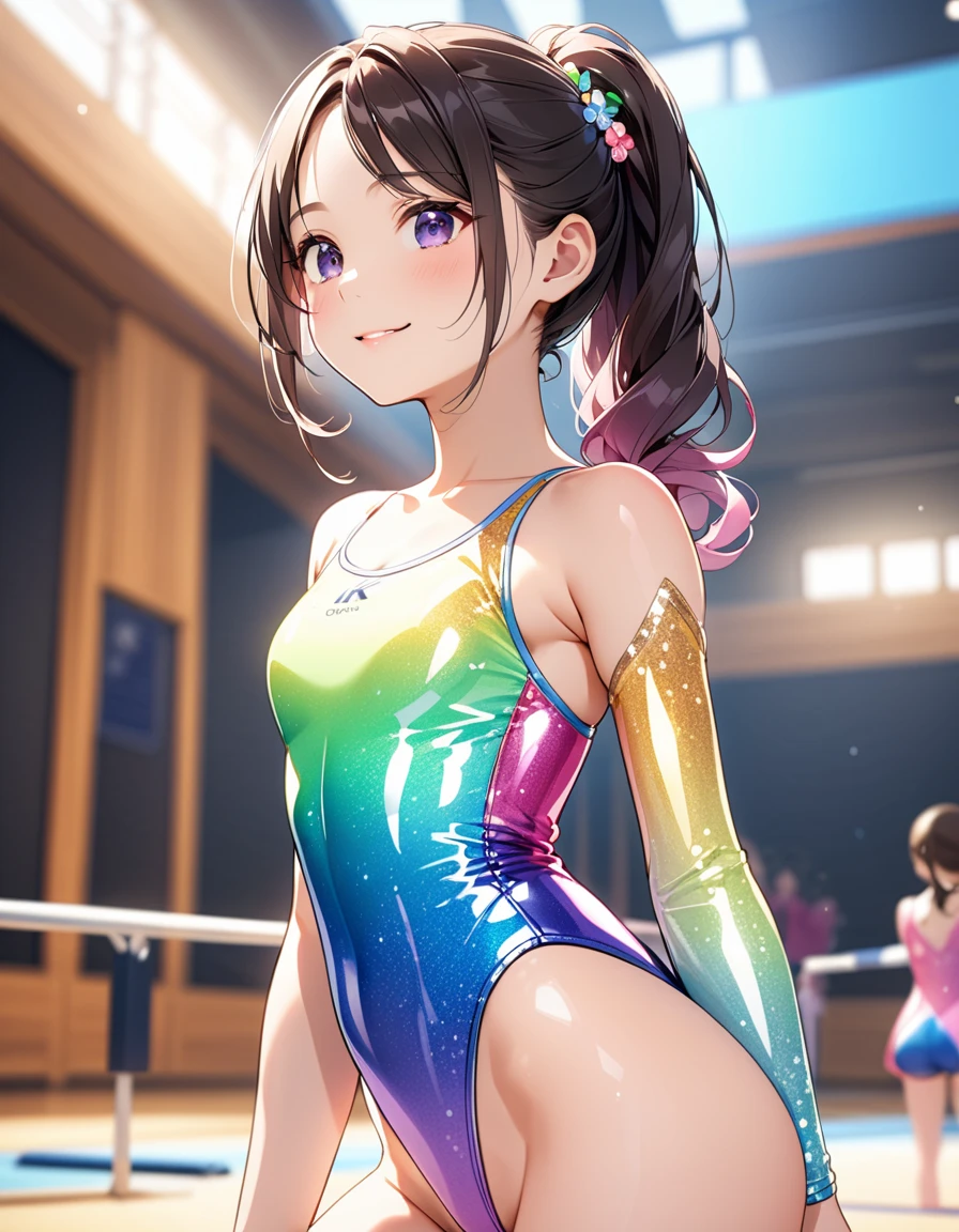expensivequality illustration, masterpiece, Very delicate and beautiful, Attractive girl,(Gymnastics leotard, Floral print leotard,Sleeveless leotard with glittery embellishments,expensive_Leg leotard,athletic leotard,Tight-fitting leotards,Rainbow Gradient Leotard),thin,Slender body,slim,expensive school,Gymnasium background,Gymnastics Club,Gymnast,Princess, Beautiful Eyes,A light smile,(masterpiece, Highest quality:1.2), expensiveres, Very detailed CG ユニティ 8K 壁紙, Perfect lighting, colorful, ultra-expensive res,4K,Very detailed, photograph, 8K, High resolution, 17 years old, 