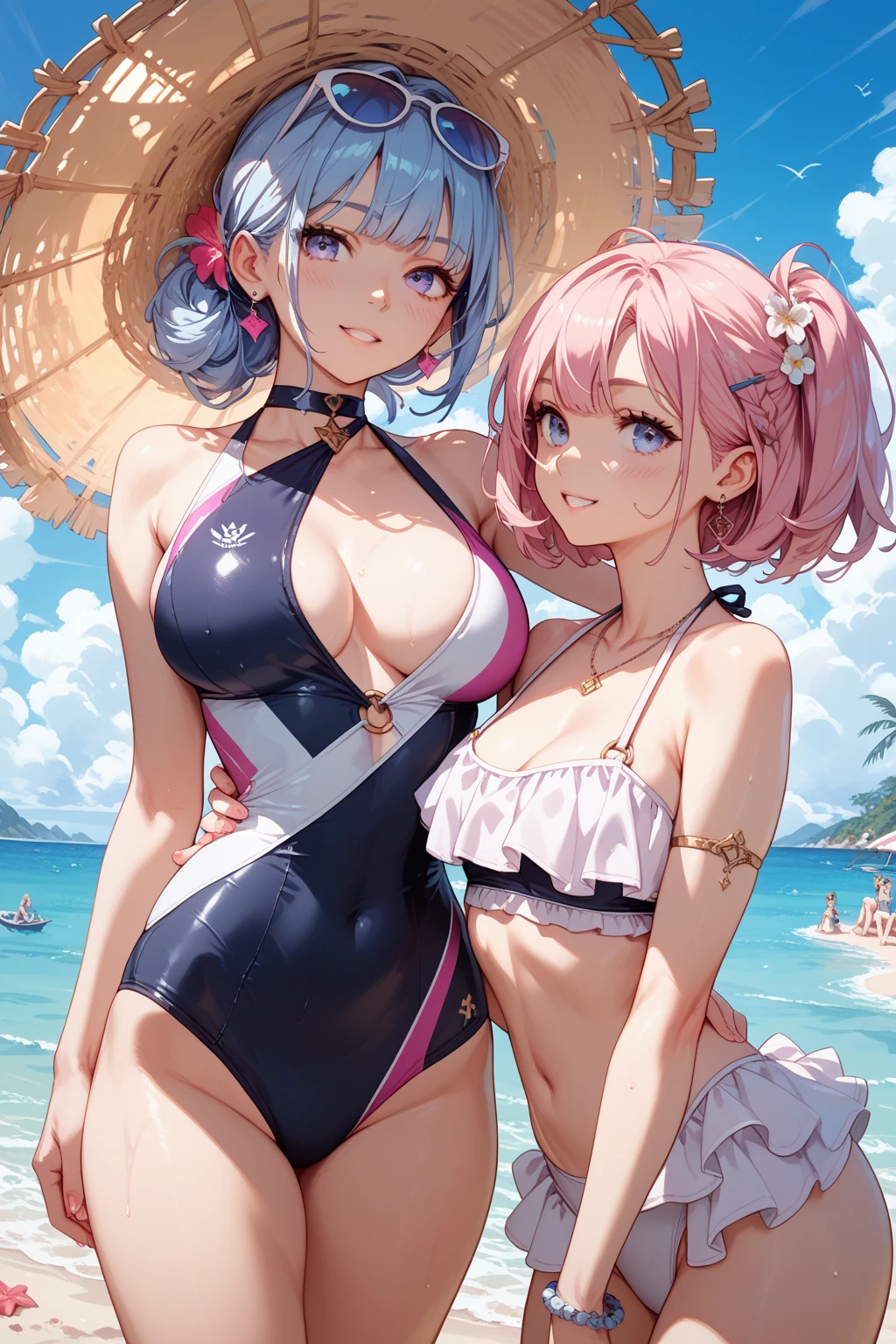 The ?????? Babes are humanoids with the appearance of conventionally attractive young human females with turquoise, blue, or lavendar-tinted skin and black dot eyes. Each wears a different two-piece ?????? (with the exception of one), are barefoot and have different hairstyles, while some wear sunglasses or bows in their hair. Their voices are soft and sweetly lilting. SPARKLE; GLITTER