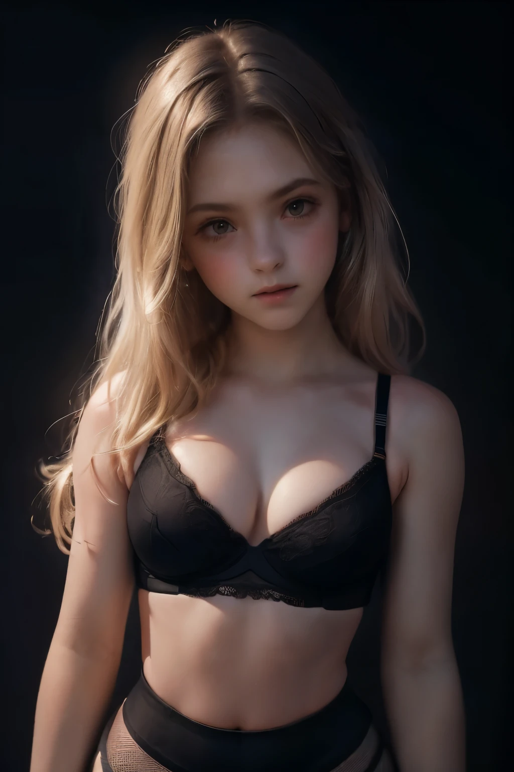 (frilly sweater), (frilly clothing), (((slim, petit))), (((32 F breast size))), (Tifa Lockheart), ((nsfw)), ((pretty)), ((sports bra)), (pale coloured cotton leggings), (portrait), (dark background)
