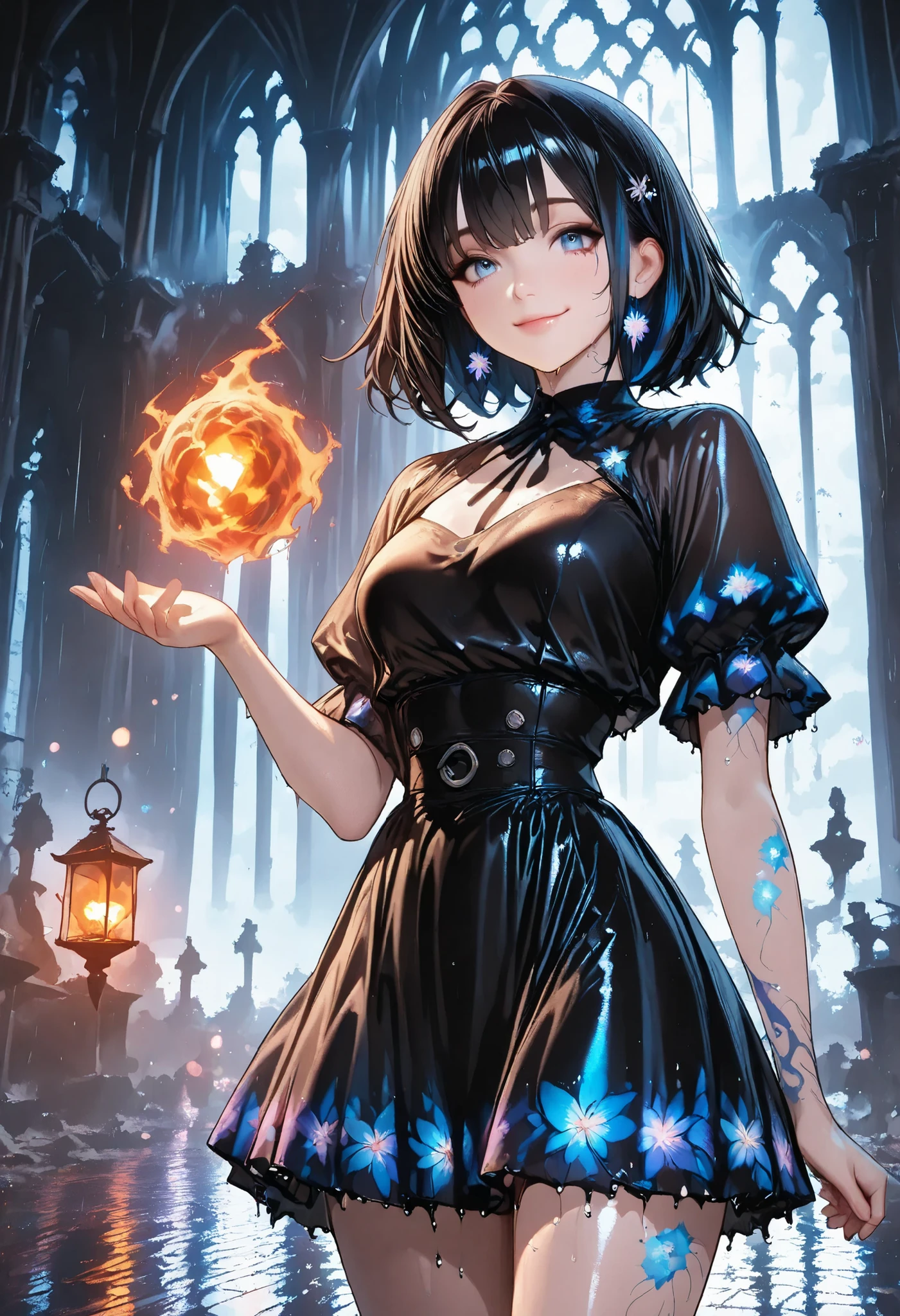 Haunted Castle、1 Midnight、The girl who lost her way、long black hair,Fireball in hand、Lantern Lights、I'm not scared at all!、Lightning echoes、girl wet in the rain、big mansion like a castle、 Ghosts、dimly lit room、State of Ruins、Only ghost eyes light up,shortcuts,unkempt hair,Short braided hair,Neat,slender beauty,correct posture,small breasted,Beautiful legs,Enchanting Gray-Blue Eyes Shine Like Stars,Saggy Eyes,Brilliant Colors,beautiful eyes,A delicate smile,Textured Skin,Best quality at its best,gentle and beautiful woman,anime style、Seimitsu、4K resolution、High Quality、Super Detailed、Realistic、Realistic、HDR、UHD、STUDIO LIGHT、Transcendental Depiction、Clear Focus、PBR Rendering、Professional、Brilliant Colors彩、bokeh effect