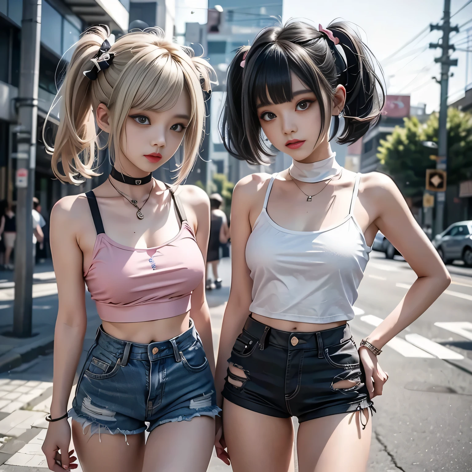 kda,Gal,{{2 Girls,Blonde,twin tails}}、{{dark haired、short bob cut}},,white camisole,pink camisole,{{Female kid cosplay}},small breasts,denim shorts