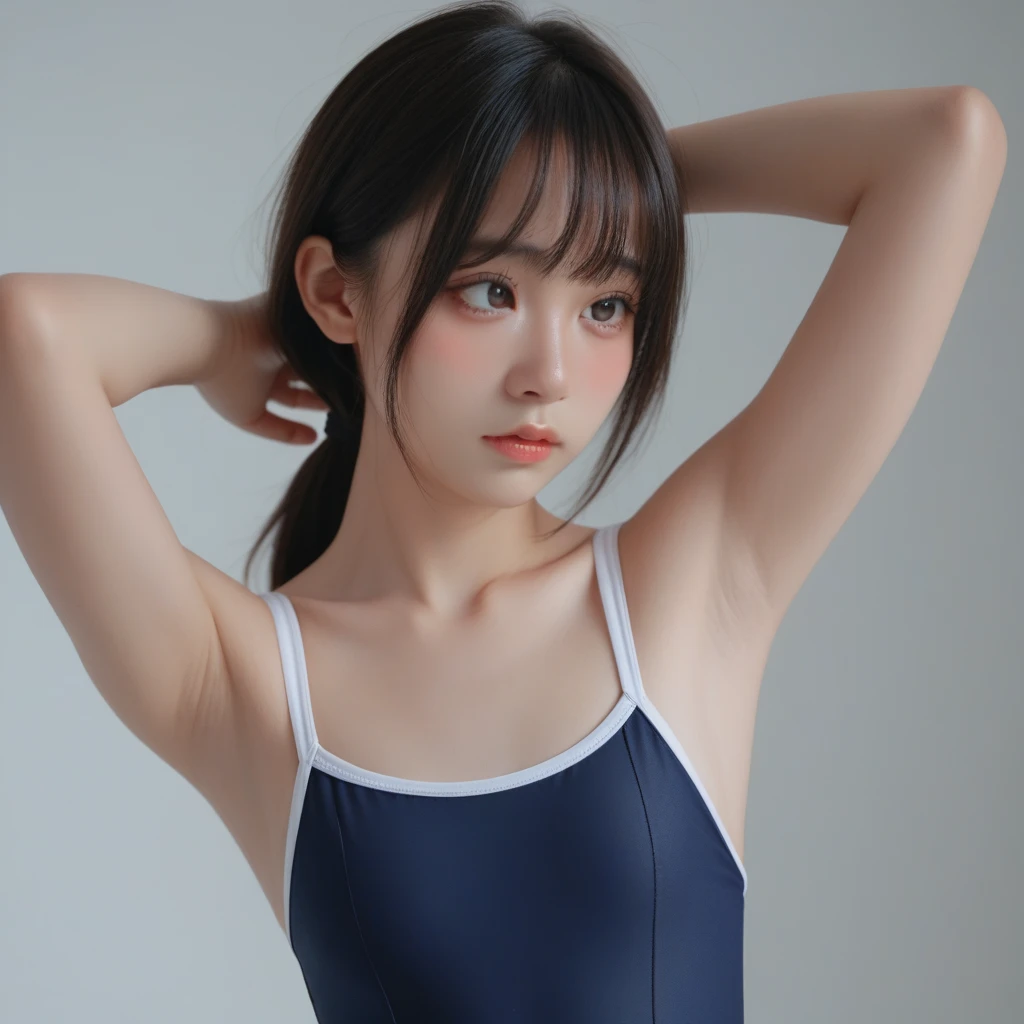 , ((highest quality, In 8K, masterpiece:1.3)), (Light Blue and Pink color competitive :1.3), (High leg), 1 girl with delicate, (small :1.4), (wide ), (Black hair), image quality, super , The  features are delicate and clear, exquisite details, (),