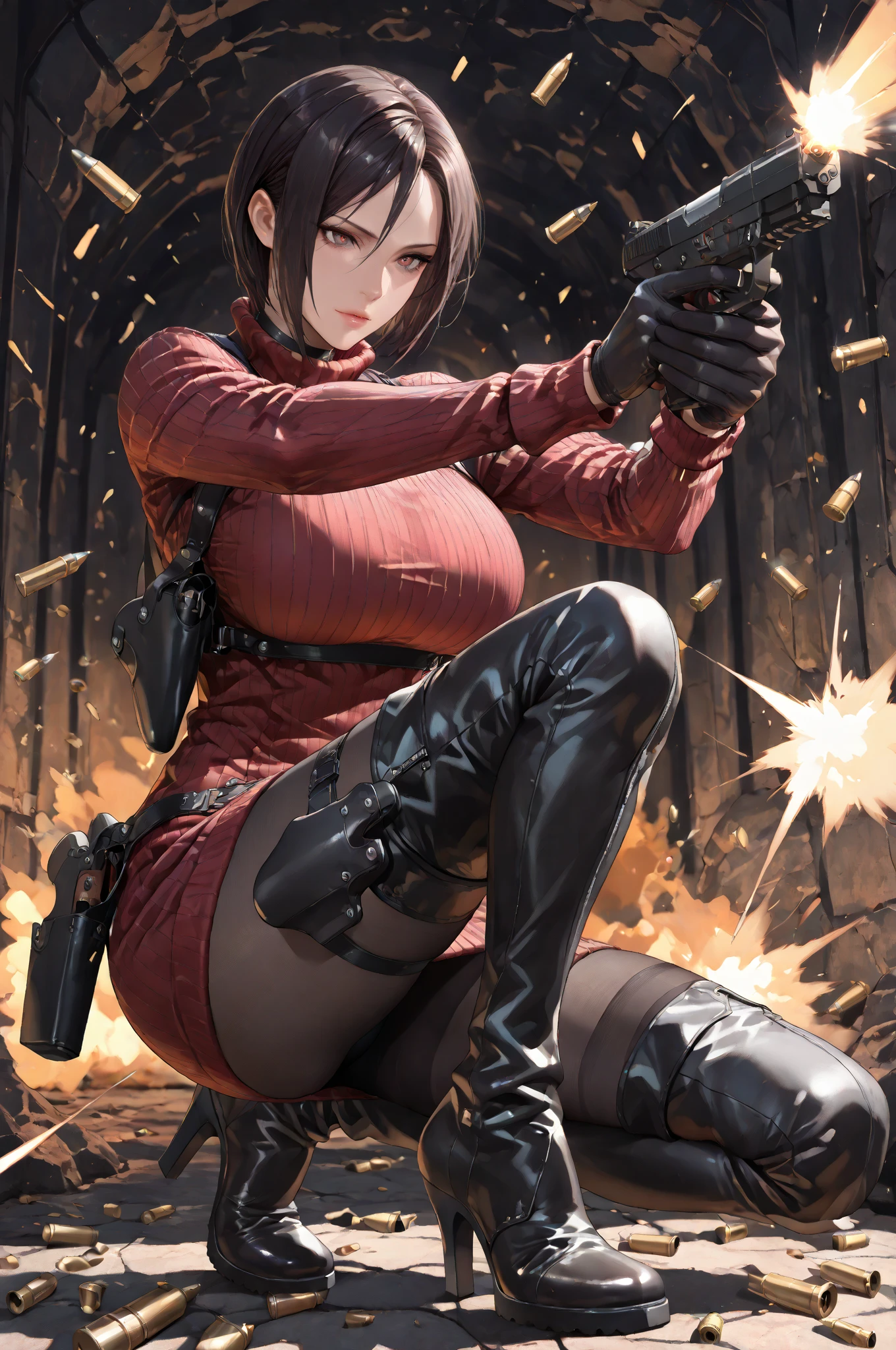 masutepiece, Best Quality, 1girl in, (Claire Redfield), Brown hair, (Yellow eyes:1.2),((bontage))、((thigh high boots))、((pantyhose))、((Bedroom))、length hair、poneyTail、((embarassed expression))、((corsets))、(Queen)、