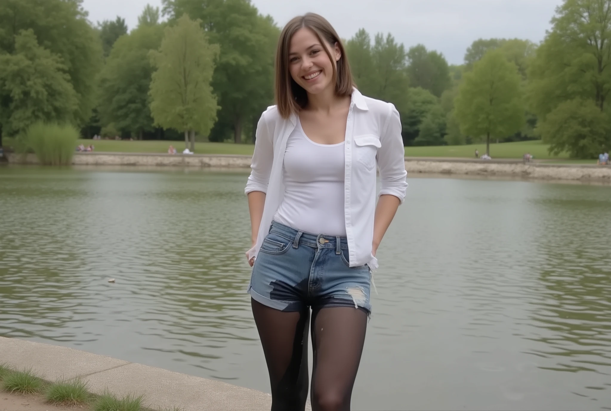 Picture of a young woman, with brunette straight hair, smiling mischievously at the camera, wearing black tights, a white leotard, denim shorts, a white blouse, short white socks, and white sneakers. She is peeing herself completely. The pee is flowing down her legs. The shorts and tights shows lots and huge stains of pee . She's standing next to a lake in a park.