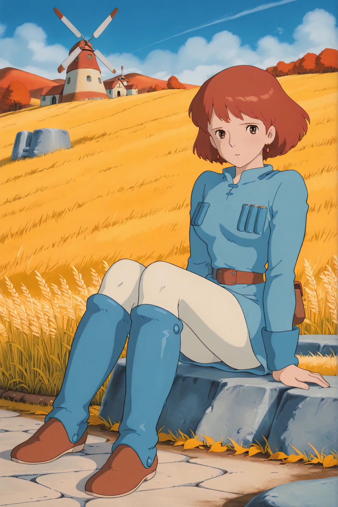 (Masterpiece, top quality, 8k, High quality anime, detailed and accurate anime poster, Studio Ghibli style, High sense Art ), Nausicaa, 1girl, very cool, she is sitting on field, top of the hill, look at viewer, mouth open a little, beautiful marble wall, mysterious place, full of energy, relax time, taking a break, orange hair, short hair, ((elegant short bob cut)), dark brown eyes, beautiful clear eyes, double eyelids, Red Gemstone Earrings, beautiful breasts, beautiful legs, perfect body balance, perfect beauty, slender body, beautiful eyes, (look at audience), Valley of the Wind Scenery, Beautiful scenery in the valley, high mountian range in distance, Cturch, windmill, Wheat field, Cobblestone load, autumn leaf viewing, the wind blows through, 1girl, ((very cool Nausicaa)), ((Nausicaa is very elegant)), very sweet face with sadness, Ivory color tights, blue dress, chest bullet holder, long_sleeves, belt, blue shin guards, felt shoes, female sitting on field, front view,