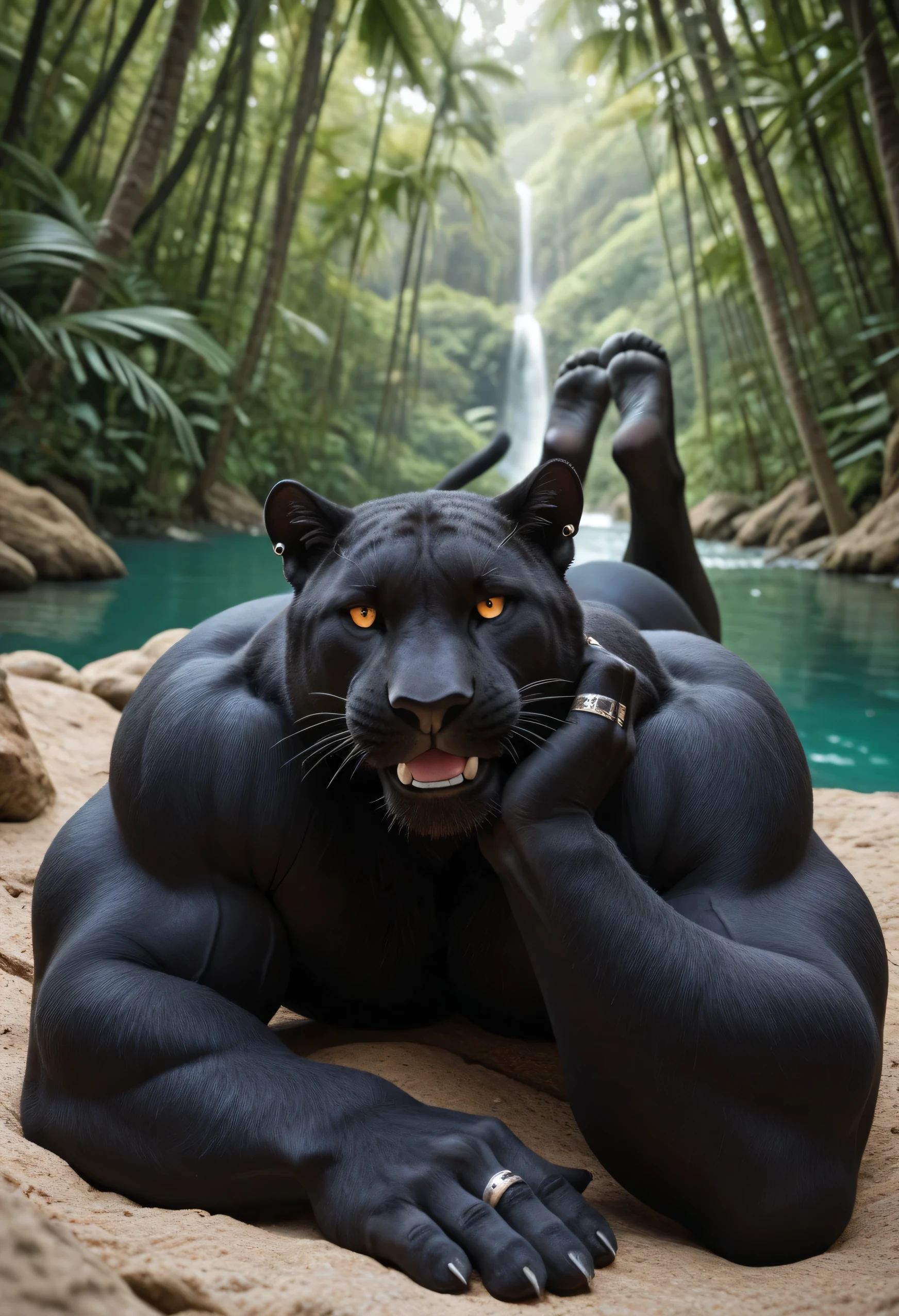 masterpiece, best quality, amazing quality, high quality, RAW photo, semi realistic, full body. human, 1boy, Huge Adult Male muscular bara Feline Black Panther:1.6, (Black Body), Black Panther Fur:1.5, detail fur:1.5, massive hyper veiny muscle:2, Massive Black bodybuilder physique:2. (Realistic Detail Glowing Orange Eyes:1.4, emission strictly limited to pupils), Black Sclera:1.4, Realistic Detail Bara Feline Chiseled Male Black Panther Face:1.8, Massive muscular butt:2. Nipple Piercings, ear piercings, rings, Natural palm color:2, 5 fingers:1.5, human feet, 5 toes:1.5, Natural soles color:2, huge size 50 feet:1.5, 10 feet tall. In a Realistic Rainforest near a lake, solo, (facing front:1.5, front view:1.5), (lying on stomach:1.5), (facing front view:1.5), hand on his own cheek, focus face, close up face, smug smirk. Naked, Uncensored