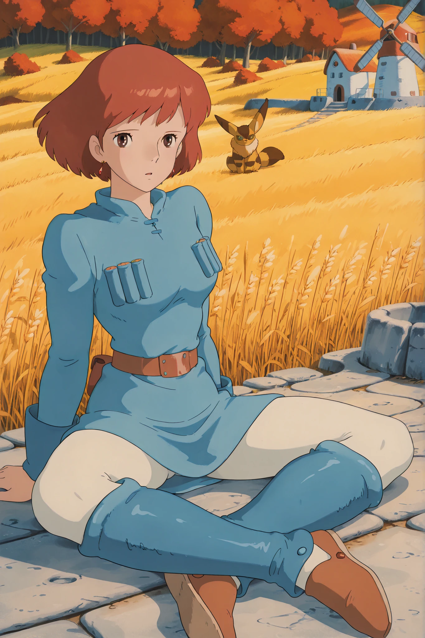 (Masterpiece, top quality, 8k, High quality anime, detailed and accurate anime poster, Studio Ghibli style, High sense Art ), Nausicaa, 1girl, very cool, she is sitting on field, top of the hill, look at viewer, mouth open a little, beautiful marble wall, mysterious place, full of energy, relax time, taking a break, orange hair, short hair, ((elegant short bob cut)), dark brown eyes, beautiful clear eyes, double eyelids, Red Gemstone Earrings, beautiful breasts, beautiful legs, perfect body balance, perfect beauty, slender body, beautiful eyes, (look at audience), Valley of the Wind Scenery, Beautiful scenery in the valley, high mountian range in distance, Cturch, windmill, Wheat field, Cobblestone load, autumn leaf viewing, the wind blows through, 1girl, ((very cool Nausicaa)), ((Nausicaa is very elegant)), very sweet face with sadness, Ivory color tights, blue dress, chest bullet holder, long_sleeves, belt, blue shin guards, felt shoes, female sitting on field, front view,