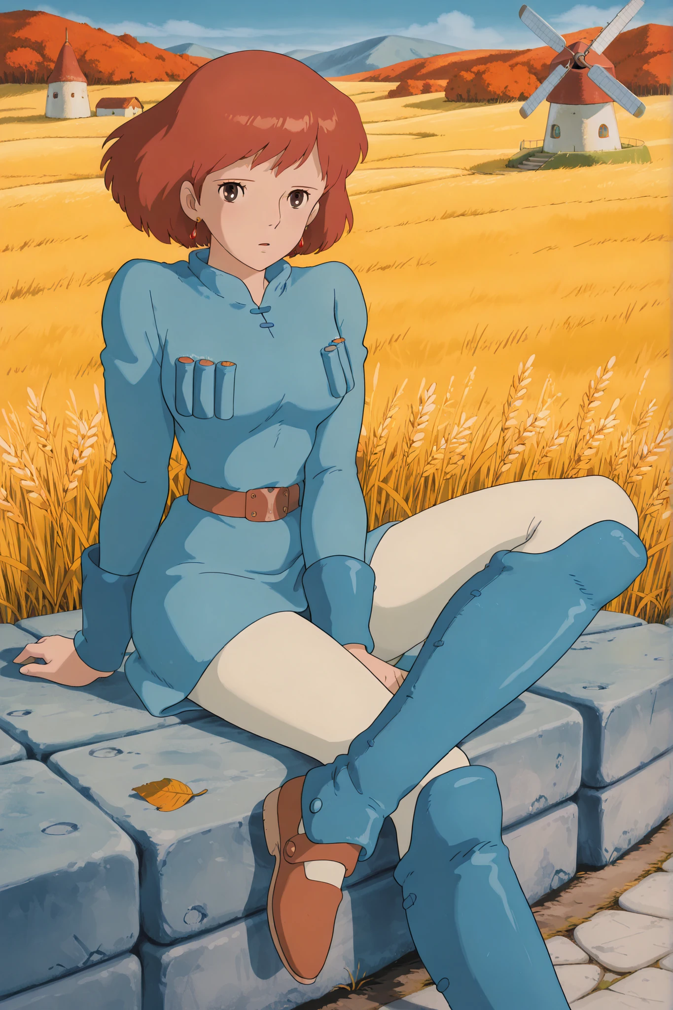 (Masterpiece, top quality, 8k, High quality anime, detailed and accurate anime poster, Studio Ghibli style, High sense Art ), Nausicaa, 1girl, very cool, she is sitting on field, top of the hill, look at viewer, mouth open a little, beautiful marble wall, mysterious place, full of energy, relax time, taking a break, orange hair, short hair, ((elegant short bob cut)), dark brown eyes, beautiful clear eyes, double eyelids, Red Gemstone Earrings, beautiful breasts, beautiful legs, perfect body balance, perfect beauty, slender body, beautiful eyes, (look at audience), Valley of the Wind Scenery, Beautiful scenery in the valley, high mountian range in distance, Cturch, windmill, Wheat field, Cobblestone load, autumn leaf viewing, the wind blows through, 1girl, ((very cool Nausicaa)), ((Nausicaa is very elegant)), very sweet face with sadness, Ivory color tights, blue dress, chest bullet holder, long_sleeves, belt, blue shin guards, felt shoes, female sitting on field, front view,