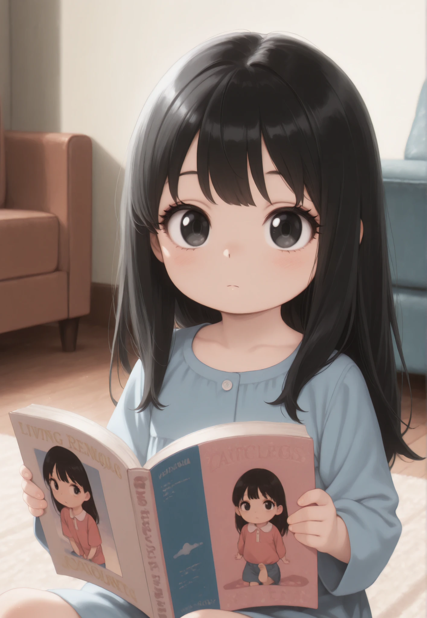 Masterpiece, Best Quality, Newest, Safe, Good Anatomy, Good Resolution, Good Lighting. Beautiful, Anime, Normal, Adorable. Little Girl, Long Black Hair, Black Eyes, Black Eyelashes, Light Skin. She is 4 years old. Alone, Looking at Viewer, Background: Living Room, Reading a Children's Book. Wearing: Casual Clothes.