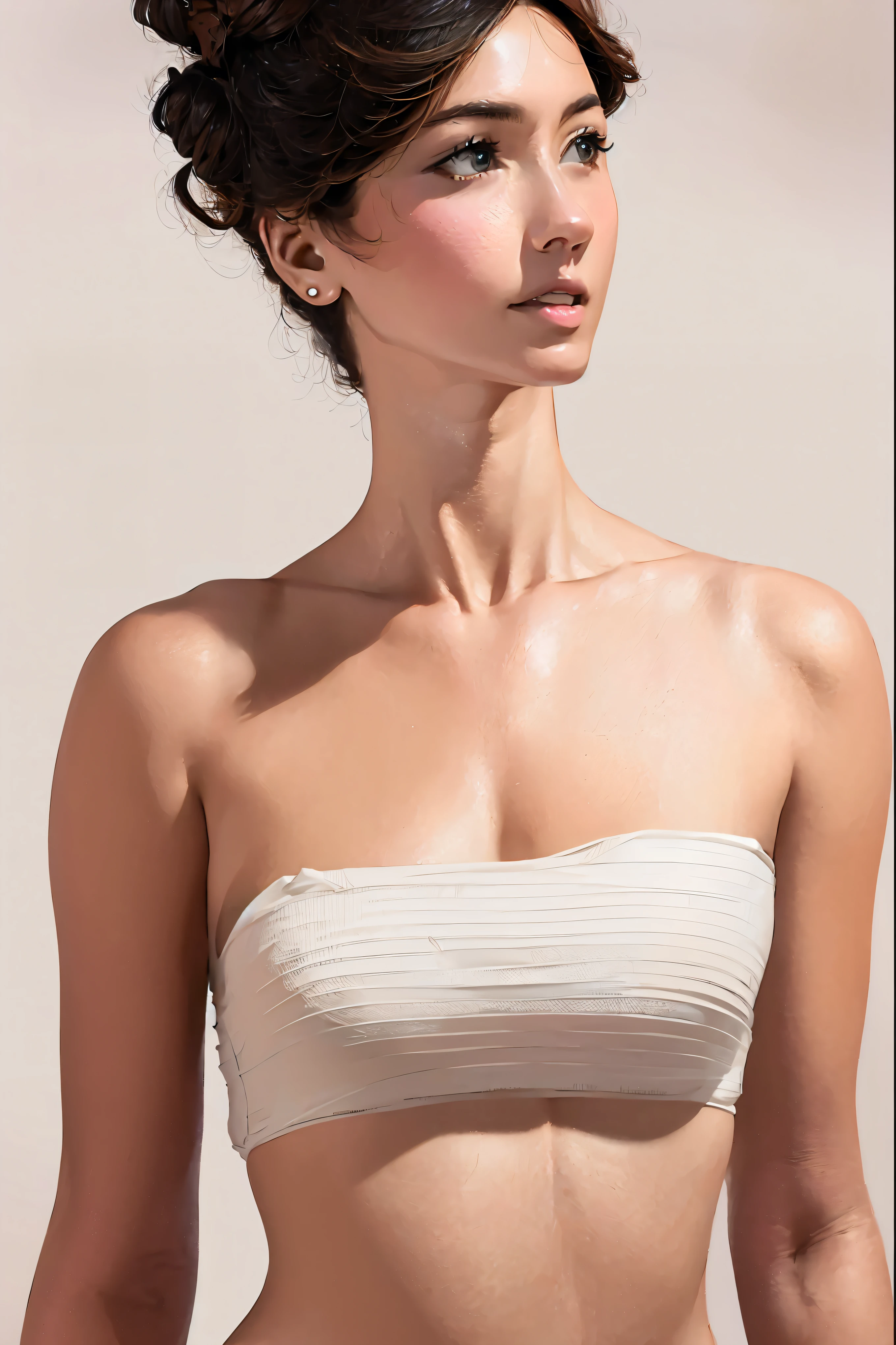 (masterpiece:1.2, photorealistic, best detail, award winning, 4k, 8k), highres, high resolution, hyper realistic, extremely detailed face, expressive eyes, textured skin, 1girl, asian, young, nude, wrapped chest, portrait, (posing for a figure painter), realistic body proportions, anatomically correct, fine detail, vivid colors, soft lighting, blank white background, (sharpness:1.3)