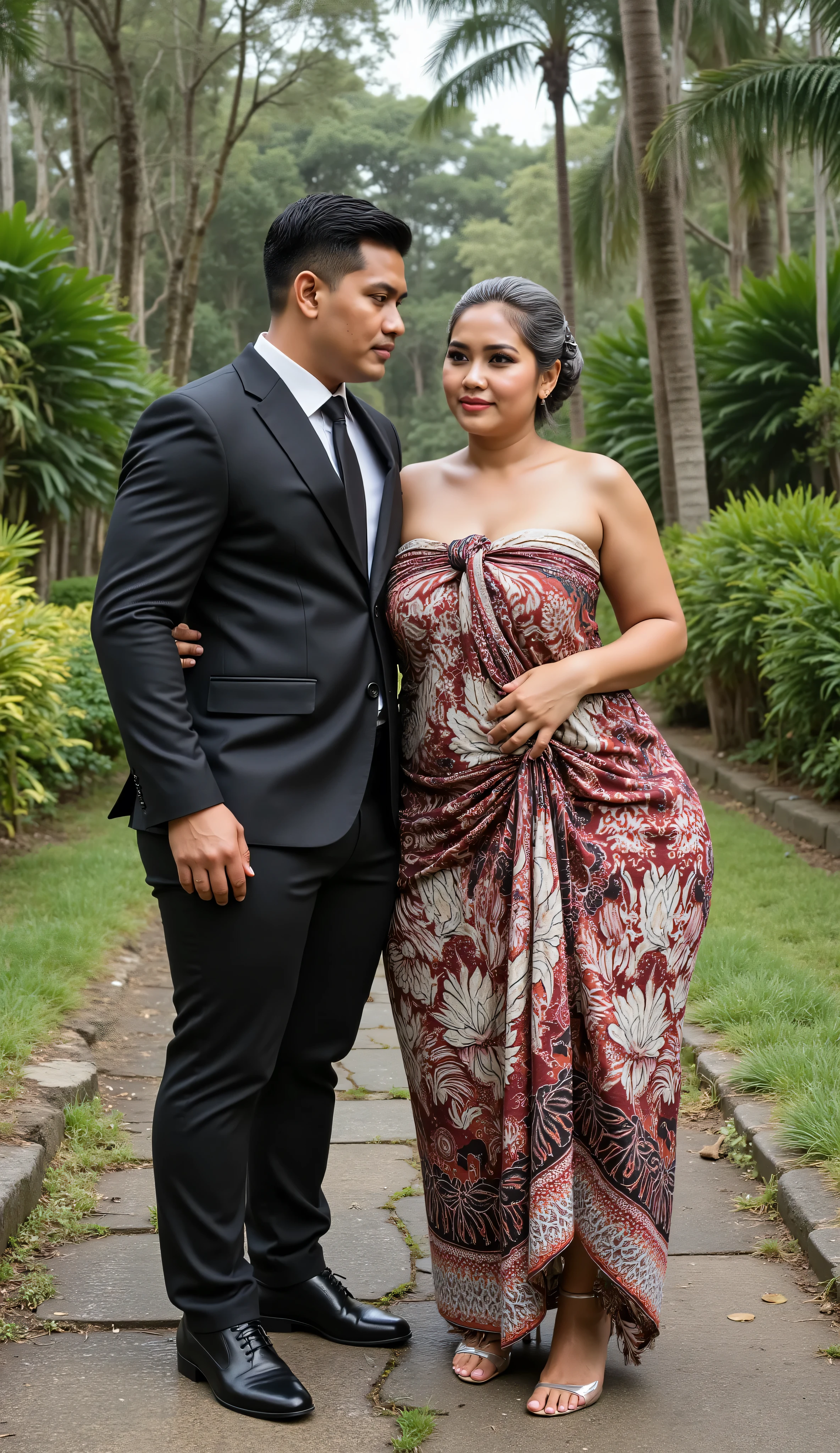 An indnesian attractive mature woman with a provocative curvaceous body, is 60 years old and has a figure with prominent curves, a plump with perfect proportions curves, generous curves and plus-size, a body with an hourglass figure, her voluptuous wide hips harmonize with slender wasp waist, with wide legs and wide thighs well-shaped, and her butt in good shape, plump and shaped buttocks. She has characteristics typical of her age, slight wrinkles on her face and gray hair, long hair with an elegant vintage style hairstyle, has beautiful and fine facial features. She wear a batik kemben and wear transparent glass heels. She is in a beautiful garden adorned for a wedding, she is a bride for her young skinny son 20 years old. her young skinny son in a black suit and black hair, He is next to her, look face to face , he holds her with passion and places his hands close to her buttocks. they both have 5 cute kids all 7 years old, who pose around them, they was captured is a modern hyperrealistic cinematic style, captured on a full body overview, with hyperrealistic details and good focus quality.