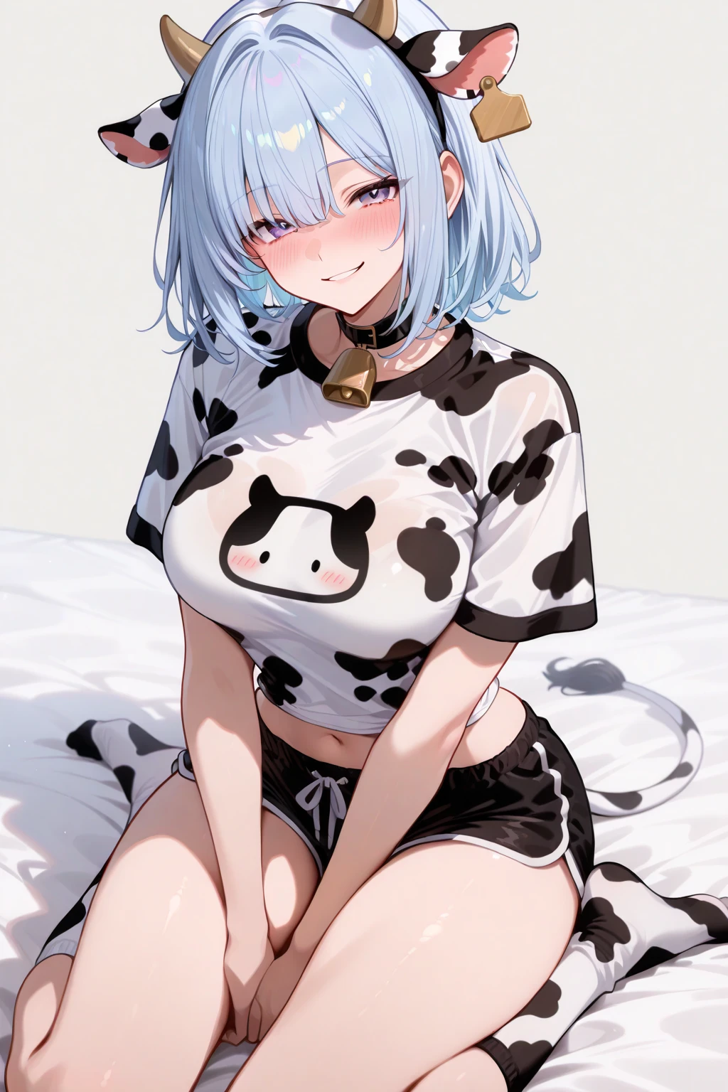 Woman, mommy type, curvy with big ????? and ????, short hair, serious, no blush, slight sweat, cowgirl, cow-colored ??????, cow-colored stockings on legs, hair band horns, leg on leg, sitting on a couch, night club private lounge, looking in the camera, dim lights