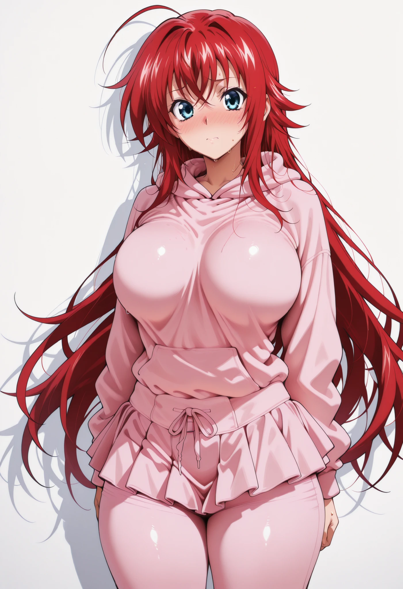 (masterpiece), Anime Style,solo,alone,only 1 girl,Rias Gremory standing, , , COWBOY SHOT, detailed rendering, smooth skin ,, looking at viewer, nose blush, shiny legs, shiny body, shiny hair, clear skin, clear body, sweat, sweaty, sweaty:1.3, solo, thick thigh, thick thighs, solo, female, large breasts,, looking at viewer, large breasts, STANDING, POSING, COWBOY SHOT, NICE LEGS, opaque clothes,, HUGE BREASTS,, solo, large breasts, thick thigh, dynamic pose,, ,,,, white background, empty background,pink hoodie, pants under skirt, pink skirt, pink pants