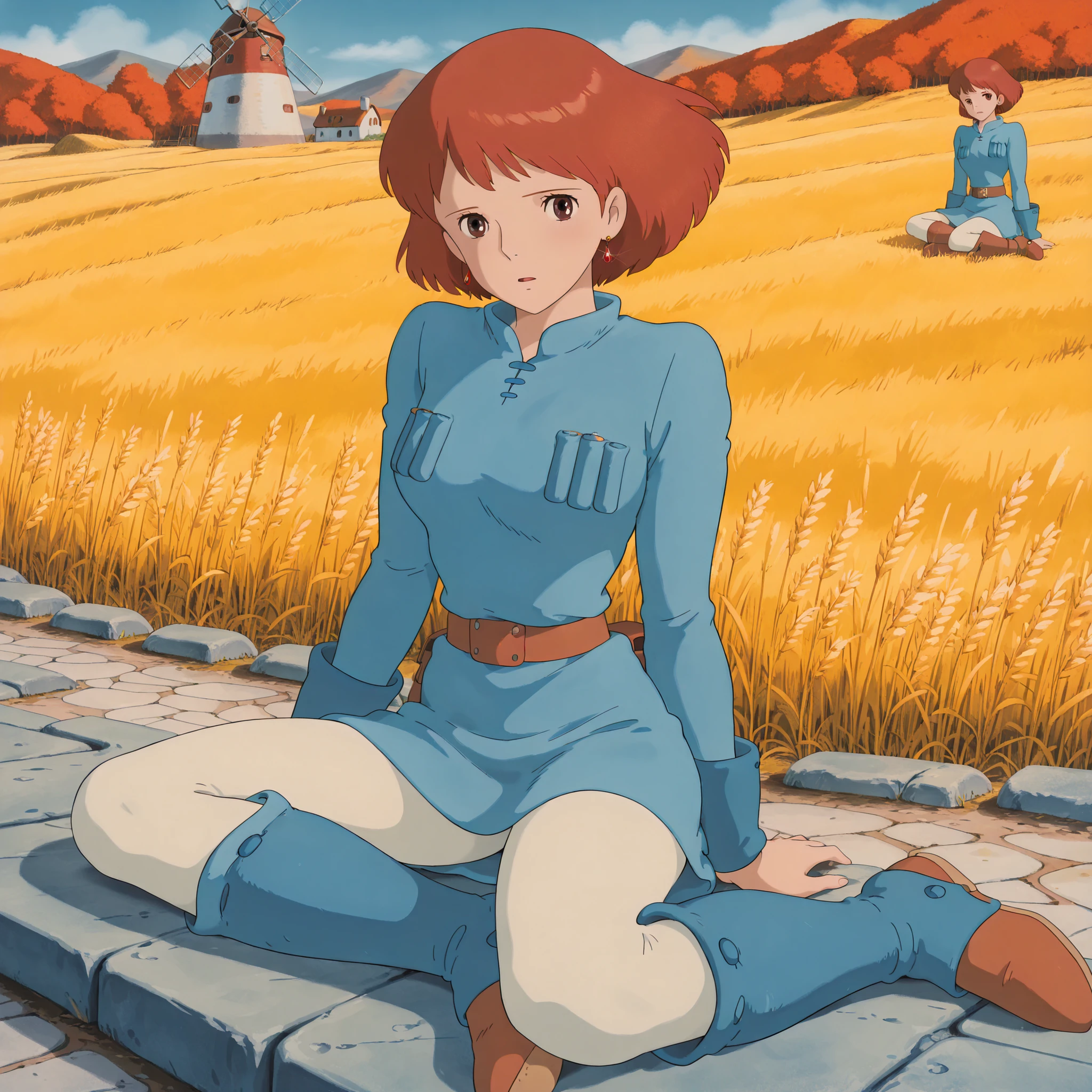  (Masterpiece, top quality, 8k, High quality anime, detailed and accurate anime poster, Studio Ghibli style, High sense Art ), Nausicaa, 1girl, very cool, she is sitting on field, top of the hill, look at viewer, mouth open a little, beautiful marble wall, mysterious place, full of energy, relax time, taking a break, orange hair, short hair, ((elegant short bob cut)), dark brown eyes, beautiful clear eyes, double eyelids, Red Gemstone Earrings, beautiful breasts, beautiful legs, perfect body balance, perfect beauty, slender body, beautiful eyes, (look at audience), Valley of the Wind Scenery, Beautiful scenery in the valley, high mountian range in distance, Cturch, windmill, Wheat field, Cobblestone load, autumn leaf viewing, the wind blows through, 1girl, ((very cool Nausicaa)), ((Nausicaa is very elegant)),  very sweet face with sadness, Ivory color tights, blue dress, chest bullet holder, long_sleeves, belt, blue shin guards, felt shoes, female sitting on field, front view,