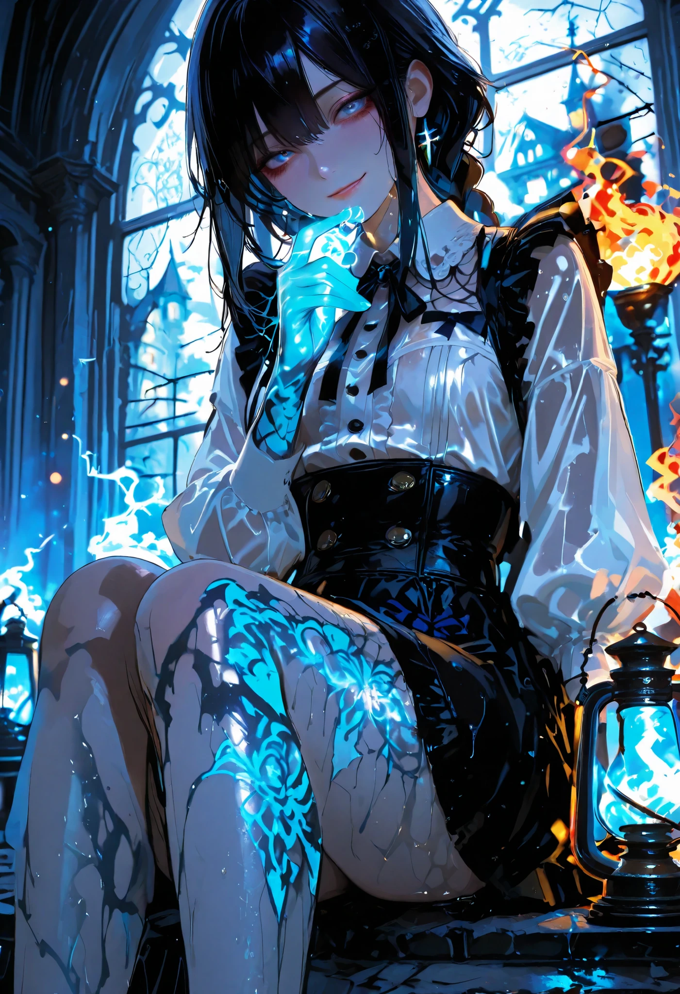 Haunted Castle、1 Midnight、The girl who lost her way、long black hair,Fireball in hand、Lantern Lights、I'm not scared at all!、Lightning echoes、girl wet in the rain、big mansion like a castle、 Ghosts、dimly lit room、State of Ruins、Only ghost eyes light up,shortcuts,unkempt hair,Short braided hair,Neat,slender beauty,correct posture,small breasted,Beautiful legs,Enchanting Gray-Blue Eyes Shine Like Stars,Saggy Eyes,Brilliant Colors,beautiful eyes,A delicate smile,Textured Skin,Best quality at its best,gentle and beautiful woman,anime style、Seimitsu、4K resolution、High Quality、Super Detailed、Realistic、Realistic、HDR、UHD、STUDIO LIGHT、Transcendental Depiction、Clear Focus、PBR Rendering、Professional、Brilliant Colors彩、bokeh effect