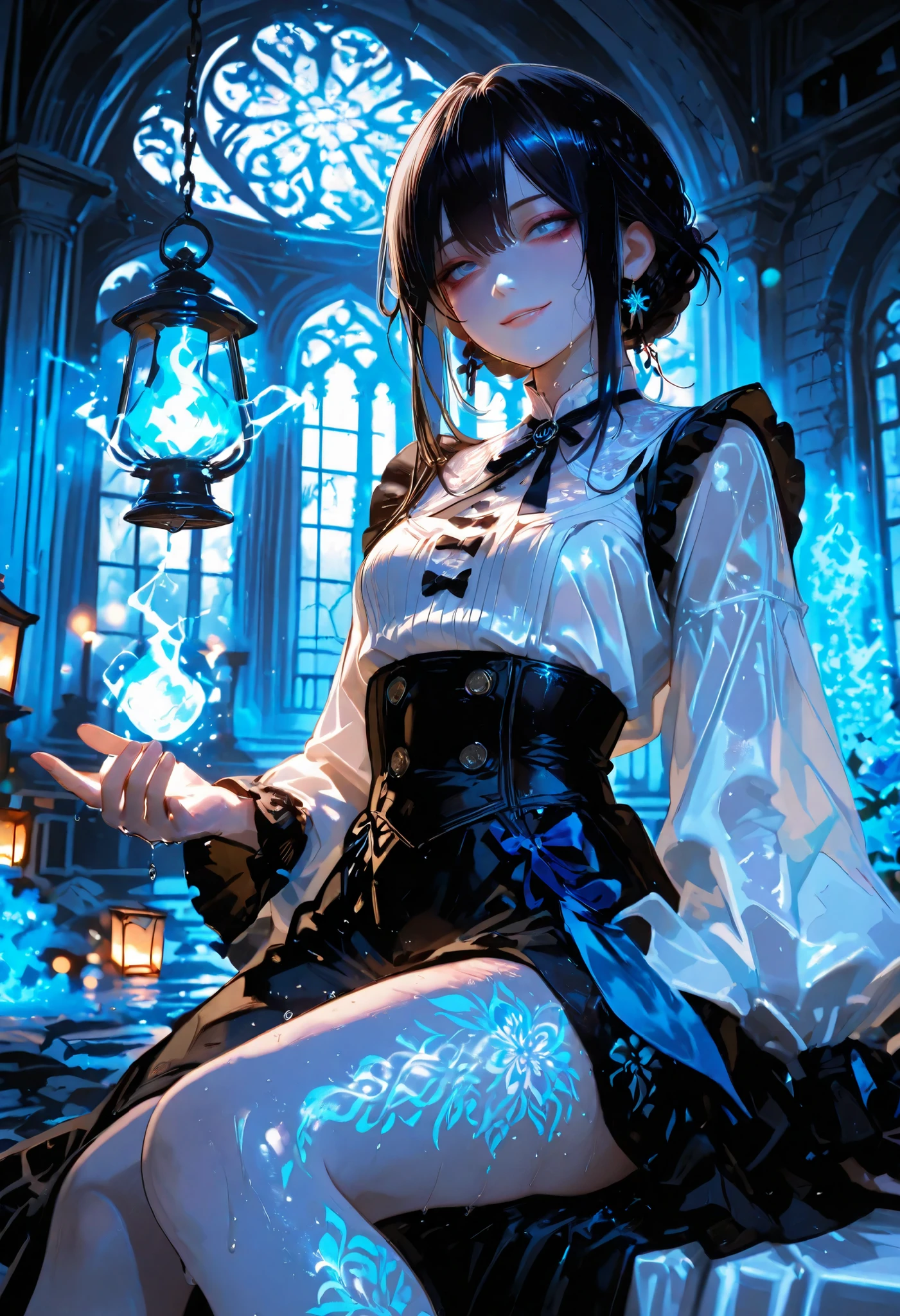 Haunted Castle、1 Midnight、The girl who lost her way、long black hair,Fireball in hand、Lantern Lights、I'm not scared at all!、Lightning echoes、girl wet in the rain、big mansion like a castle、 Ghosts、dimly lit room、State of Ruins、Only ghost eyes light up,shortcuts,unkempt hair,Short braided hair,Neat,slender beauty,correct posture,small breasted,Beautiful legs,Enchanting Gray-Blue Eyes Shine Like Stars,Saggy Eyes,Brilliant Colors,beautiful eyes,A delicate smile,Textured Skin,Best quality at its best,gentle and beautiful woman,anime style、Seimitsu、4K resolution、High Quality、Super Detailed、Realistic、Realistic、HDR、UHD、STUDIO LIGHT、Transcendental Depiction、Clear Focus、PBR Rendering、Professional、Brilliant Colors彩、bokeh effect