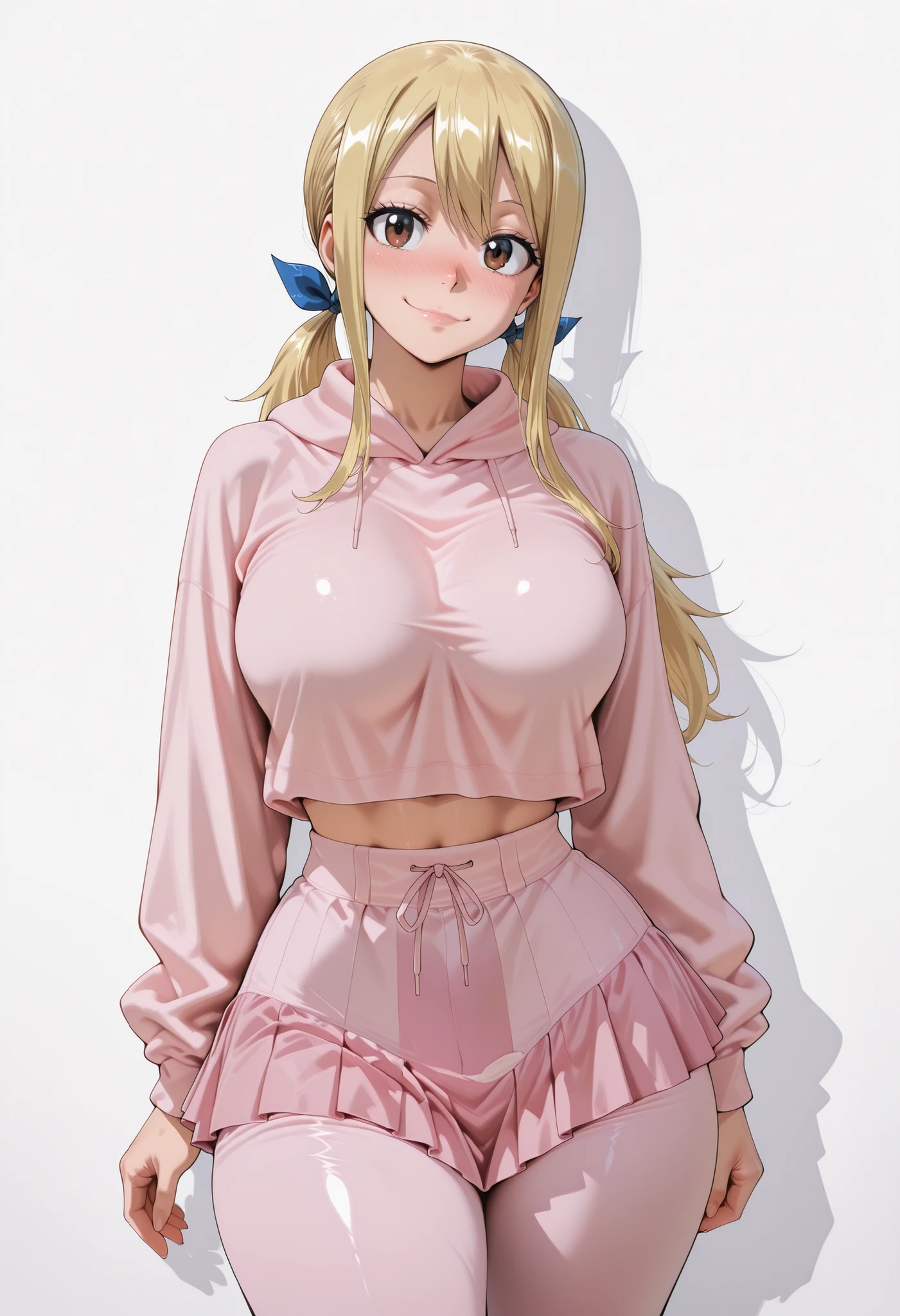 score_9, score_8_up, score_7_up, source_anime, lucy heartfilia, long hair, blonde hair, large breasts, brown eyes,,, blue hair ribbon,, blush, drunk,, , looking at viewer,, , solo,, large breasts, big ass, thick thigs, wide hips, slim waist, mature body, nose blush,, looking at viewer, nice legs, legs, standing, solo, female, shiny skin, shiny hair, shiny body, clear body,,, cowboy shot ,,,, ,,,, , looking at viewer, NOSE BLUSH,,wide hips, slim waist,,, shiny skin, shiny hair, shiny body, clear body, , solo, STANDING, POSING, thick thighs, thighs, solo, standing, POSING,, perfect eyes, white background, empty background, distinc shadows, solo, large breasts, thick thigh, dynamic pose,,,, LOOKING AT VIEWER, WHITE BACKGROUND, EMPTY BACKGROUND, soft smile,, DYNAMIC POSE,, big ass,,, large breasts, LOOKING AT VIEWER, WHITE BACKGROUND, EMPTY BACKGROUND, soft smile,, DYNAMIC POSE, pink hoodie, pants under skirt, pink skirt, pink pants, view from front