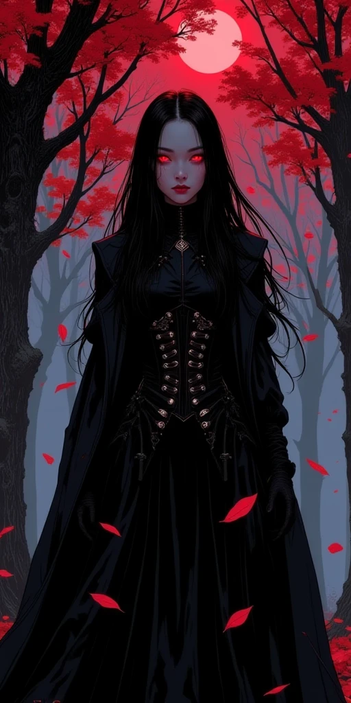 A woman with long red hair and a black top in a forest - SeaArt AI
