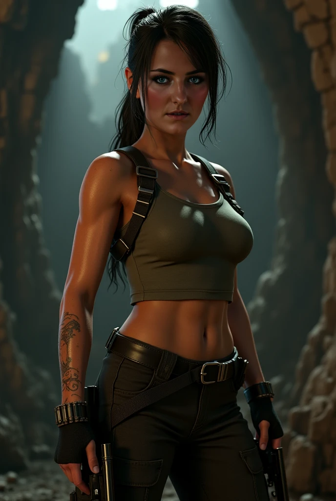 full body lara croft, long brown ponytail, brown eyes, high arched eyebrows, red lips, large  leather pants, filter sleeveless torn t-shirt deep leather boots in jungle, (Realistic,photoRealistic, photo-Realistic:1.37),Horror, dark and gloomy atmosphere with dramatic lighting, Vivid colors, Foggy surroundings, the trees, covered with moss, detailed facial expression, long wavy hair floats in the water, Reflections on the surface of the water, Eerie fog