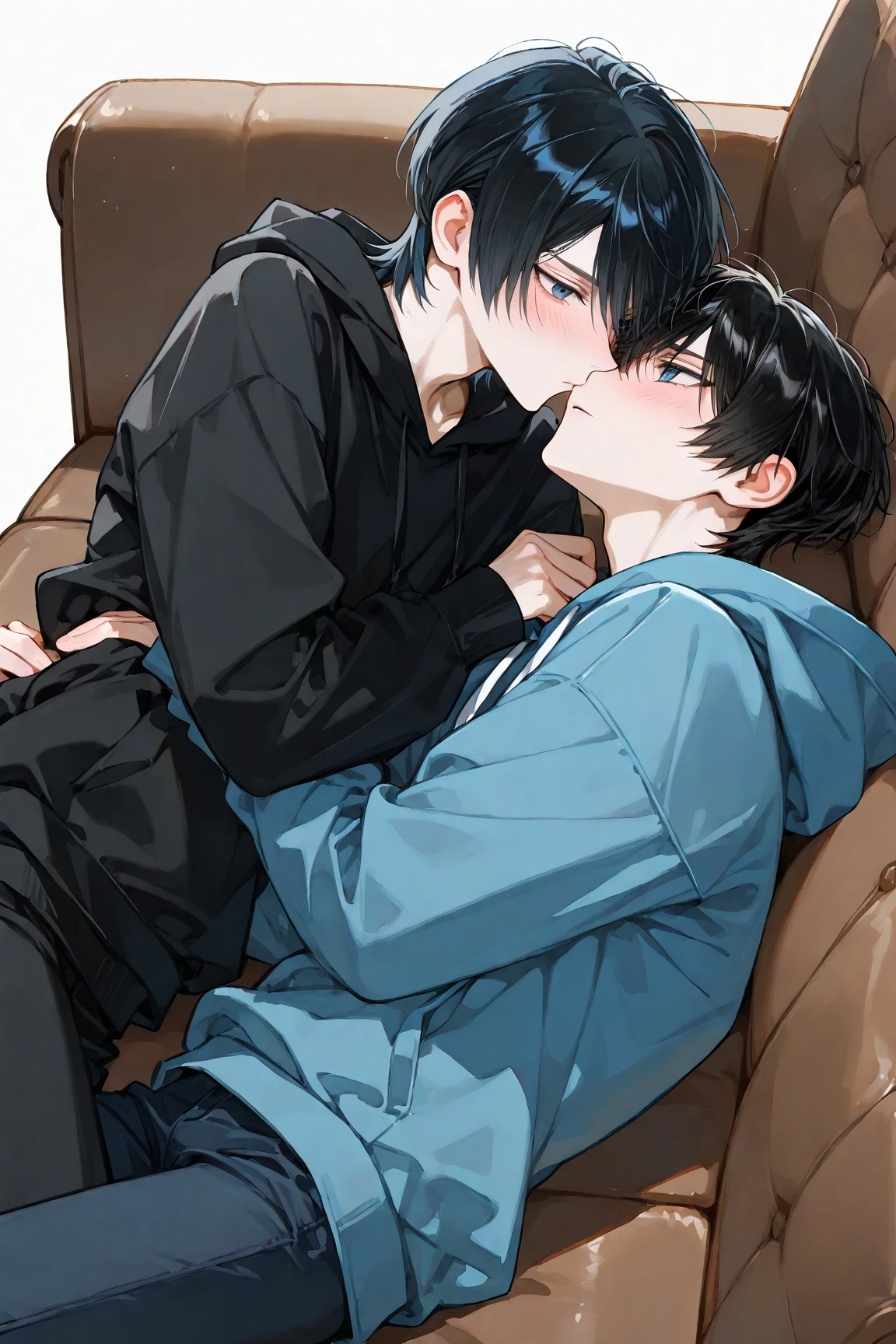 Boy with hood on, black hair and green eyes kissing another boy with black cap, black eyes, black hair and light skin while he is on top of her in bed 
