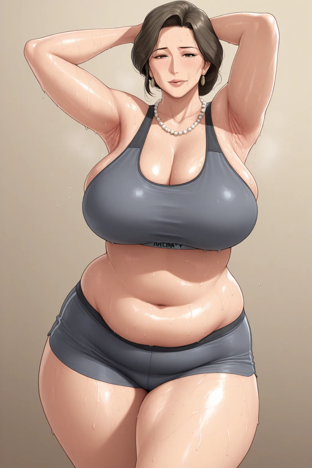 score_9, score_8_up, score_7_up, ASCII masterpiece, source_anime, BREAK, 1girl, solo, (( <lora:paula:1> , paula, wide waist, wide hips, fat rolls, fat, bbw, beautiful skin, clear eyes, piercing brown eyes, bright pupils, beautiful eyes, beautiful brown hair, beautiful short hair, huge and shaggy breast, beauty, extraordinary beautiful woman, attractive woman, super sexy woman, lustful body, sexy fat woman with seductive obscene body, sensual body, voluptuous body, )) , ((white pearl necklace, white pearl earrings, )) , red lipstick, sexy leopard print bikini top, obscene cleavage, sexy leopard print thong bikini, wide hips, pool, seductive smile, seductive, Aqua Park background, from below, front view,