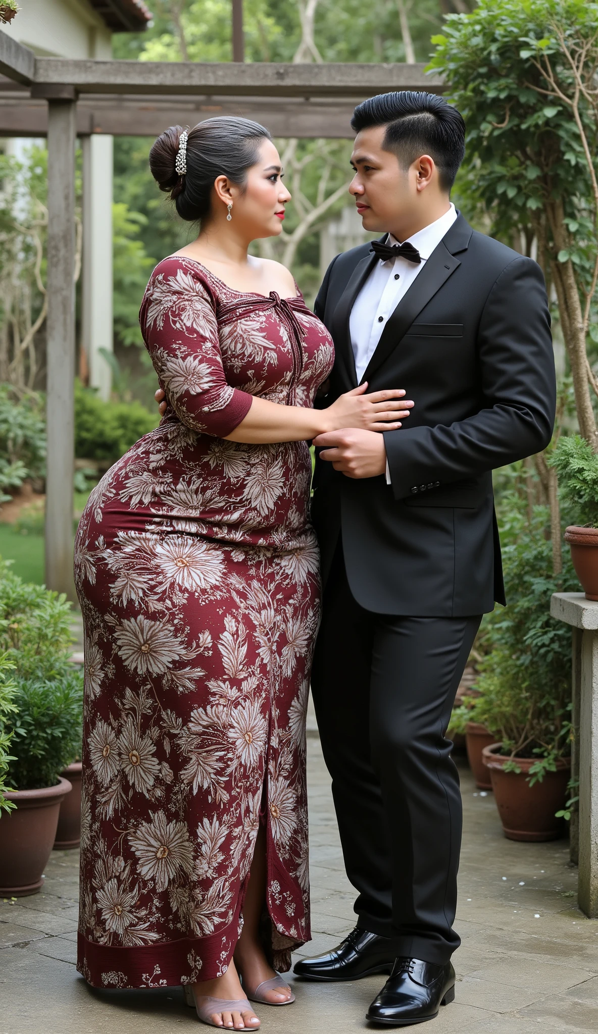 An indnesian attractive mature woman with a provocative curvaceous body, is 60 years old and has a figure with prominent curves, a plump with perfect proportions curves, generous curves and plus-size, a body with an hourglass figure, her voluptuous wide hips harmonize with slender wasp waist, with wide legs and wide thighs well-shaped, and her butt in good shape, plump and shaped buttocks. She has characteristics typical of her age, slight wrinkles on her face and gray hair, long hair with an elegant vintage style hairstyle, has beautiful and fine facial features. She wore a batik kemben and wear transparent glass heels. She is in a beautiful garden adorned for a wedding, she is a bride for her young skinny son 20 years old. her young skinny son in a black suit and black hair, He is next to her, look face to face , he holds her with passion and places his hands close to her buttocks. they both have 5 cute kids all 7 years old, who pose around them, they was captured is a modern hyperrealistic cinematic style, captured on a full body overview, with hyperrealistic details and good focus quality.