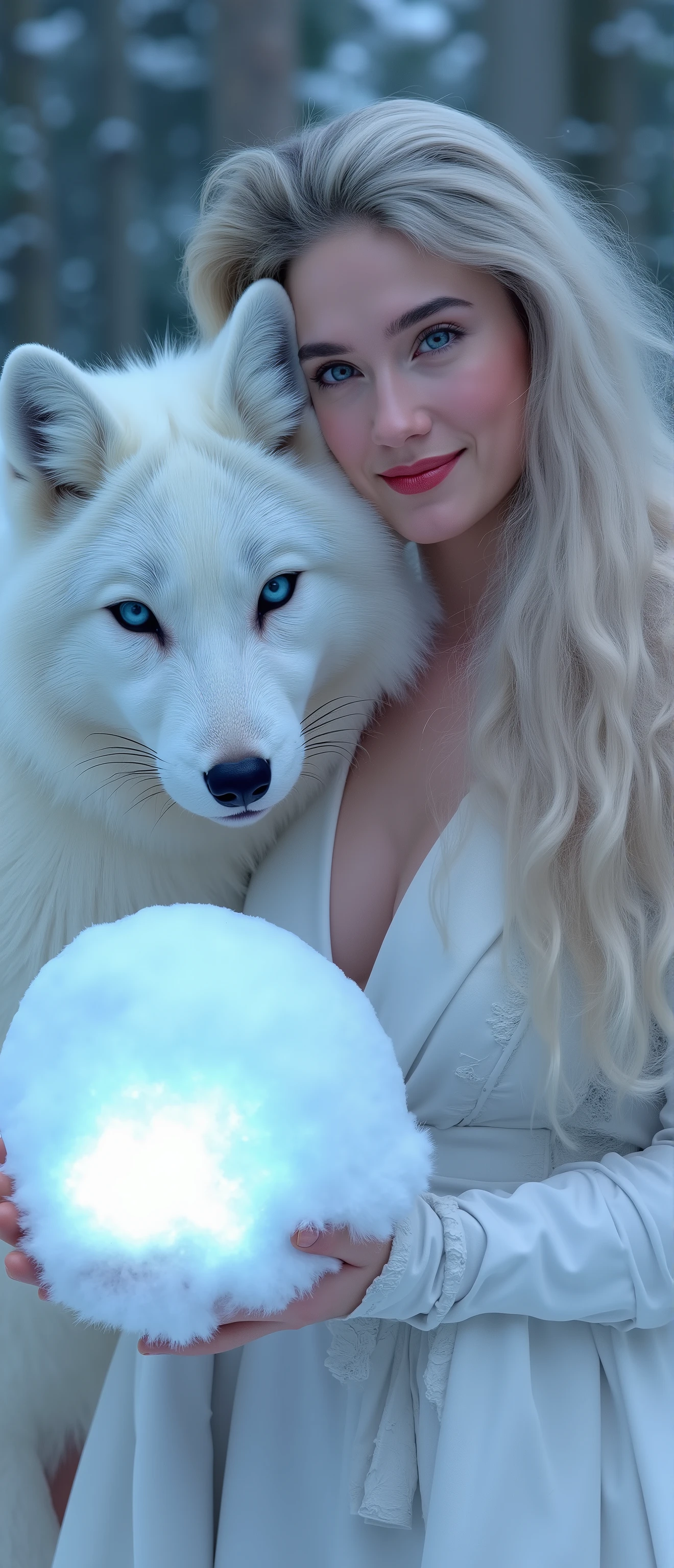 An ultra realistic image of a beautiful smiling long white blond supermodel woman, in her hand is a bright glowing ice ball. Next to her is a big and magnificent all-white Arctic fox with icy blue eyes. They are in a winter forest. She's dressed up in a sexy ice dress. hdr, realism, volumetric lighting, dynamic lighting, cinematic lighting, Sharp focus, ultra-realistic textures, masterpiece, sharp focus, vibrant colors, cinematic energy, perfect hand, perfect fingers, perfect feet, perfect toes, five fingers, five toes, big firm breasts, cleavage, sideboob, underboob, big round ass, narrow waist, slim waist, hourglass figure, light makeup, red glossy lips, rosy cheeks, crystal blue eyes, big eyes, deep dimples, small sharp nose,