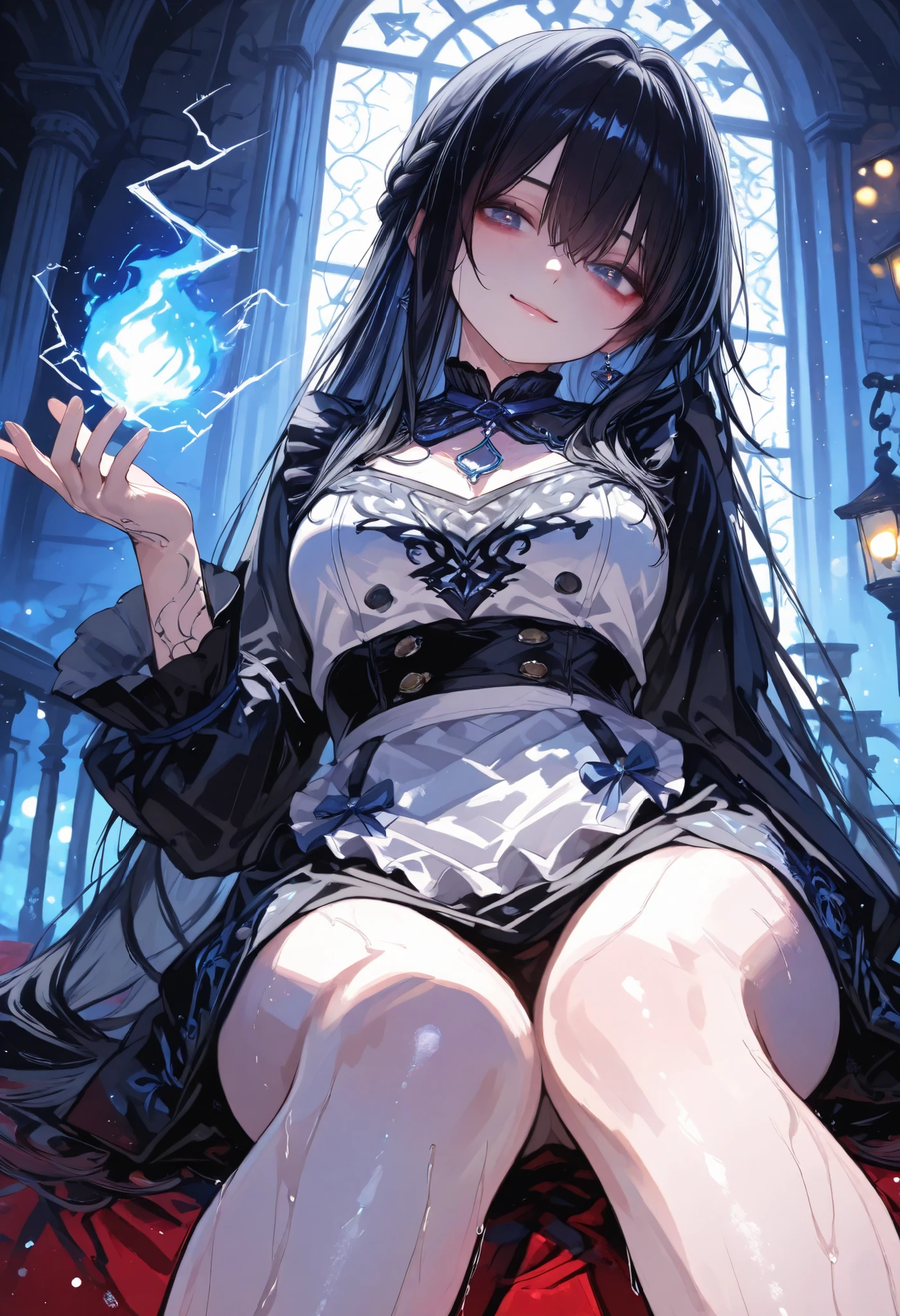 Haunted Castle、1 Midnight、The girl who lost her way、long black hair,Fireball in hand、Lantern Lights、I'm not scared at all!、Lightning echoes、girl wet in the rain、big mansion like a castle、 Ghosts、dimly lit room、State of Ruins、Only ghost eyes light up,shortcuts,unkempt hair,Short braided hair,Neat,slender beauty,correct posture,small breasted,Beautiful legs,Enchanting Gray-Blue Eyes Shine Like Stars,Saggy Eyes,Brilliant Colors,beautiful eyes,A delicate smile,Textured Skin,Best quality at its best,gentle and beautiful woman,anime style、Seimitsu、4K resolution、High Quality、Super Detailed、Realistic、Realistic、HDR、UHD、STUDIO LIGHT、Transcendental Depiction、Clear Focus、PBR Rendering、Professional、Brilliant Colors彩、bokeh effect