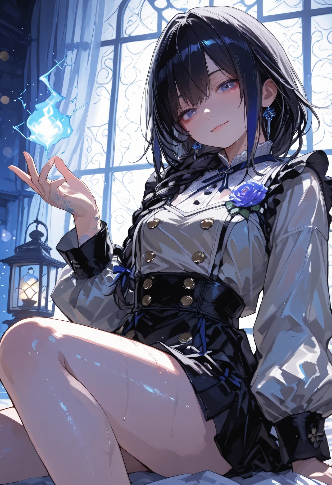 Haunted Castle、1 Midnight、The girl who lost her way、long black hair,Fireball in hand、Lantern Lights、I'm not scared at all!、Lightning echoes、girl wet in the rain、big mansion like a castle、 Ghosts、dimly lit room、State of Ruins、Only ghost eyes light up,shortcuts,unkempt hair,Short braided hair,Neat,slender beauty,correct posture,small breasted,Beautiful legs,Enchanting Gray-Blue Eyes Shine Like Stars,Saggy Eyes,Brilliant Colors,beautiful eyes,A delicate smile,Textured Skin,Best quality at its best,gentle and beautiful woman,anime style、Seimitsu、4K resolution、High Quality、Super Detailed、Realistic、Realistic、HDR、UHD、STUDIO LIGHT、Transcendental Depiction、Clear Focus、PBR Rendering、Professional、Brilliant Colors彩、bokeh effect