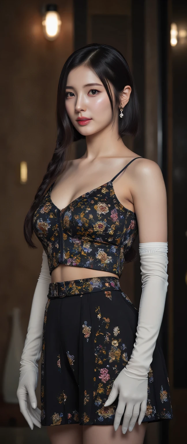 best quality, masterpiece, (photorealistic:1.4), 1girl (extremely beautiful), cowboy shot, luxury elegant bare shoulder dress, dramatic lighting, hair over shoulders, white gloves, v arms, luxury hall background, night, japanese face, braid hair, small breasts