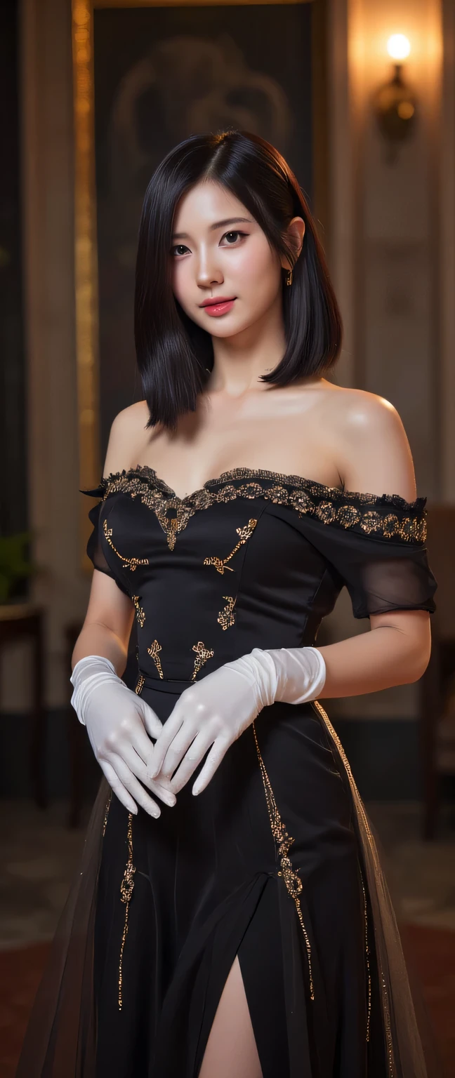 best quality, masterpiece, (photorealistic:1.4), 1girl (extremely beautiful), cowboy shot, luxury elegant bare shoulder dress, dramatic lighting, hair over shoulders, white gloves, v arms, luxury hall background, night, japanese face, braid hair, small breasts