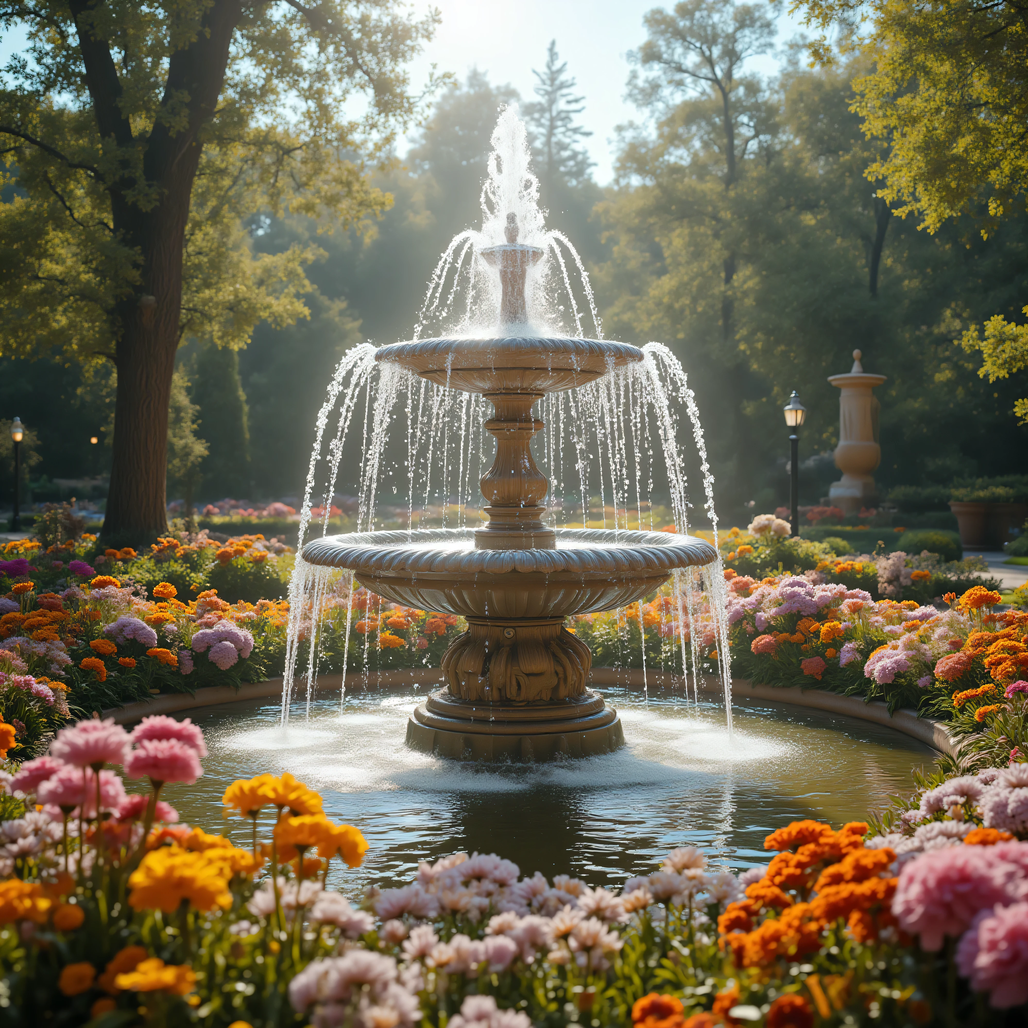 An enormous bird bath/Bird fountain in a light-colored garden with hundreds of different flowers everywhere, sending water up many feet into the air and then cascading back down into the fountain. Beautiful cinematic scene, on a sunny day. Very luxurious and wealthy looking, an ultra-realistic, photorealistic, ultra-detailed, amazing masterpiece.
