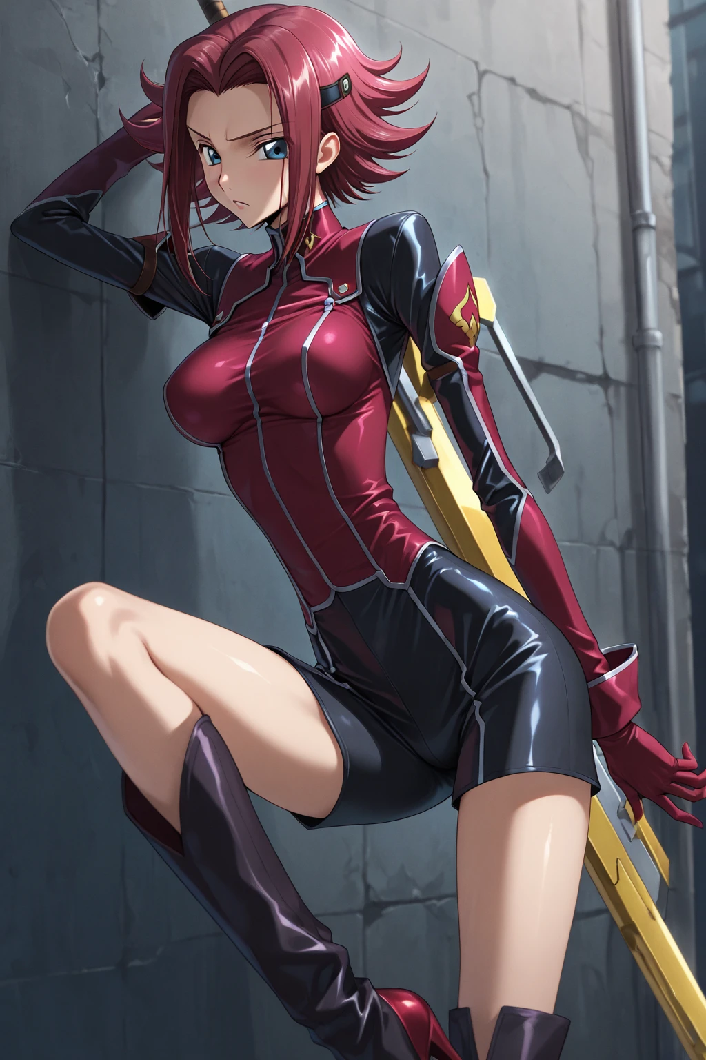 A Female robot is sleeping in the book, , , banzai pose. she wears no dress. She Brown short hair is tied with two big red clothespins, She lifts up the under hem of her white plain dress, leaning over, masterpiece, very short pigtails,brown hair, mature, android, blue eyes, full body figure, Height: 160cm, flushed cheeks, 2020s anime picture, A beautiful robot with short brown hair in two short pigtails held up by two very large huge red clothespins, Uplifting, No , whole body, barefoot, archaic smile, getting , 25 years old, sweat bucket.