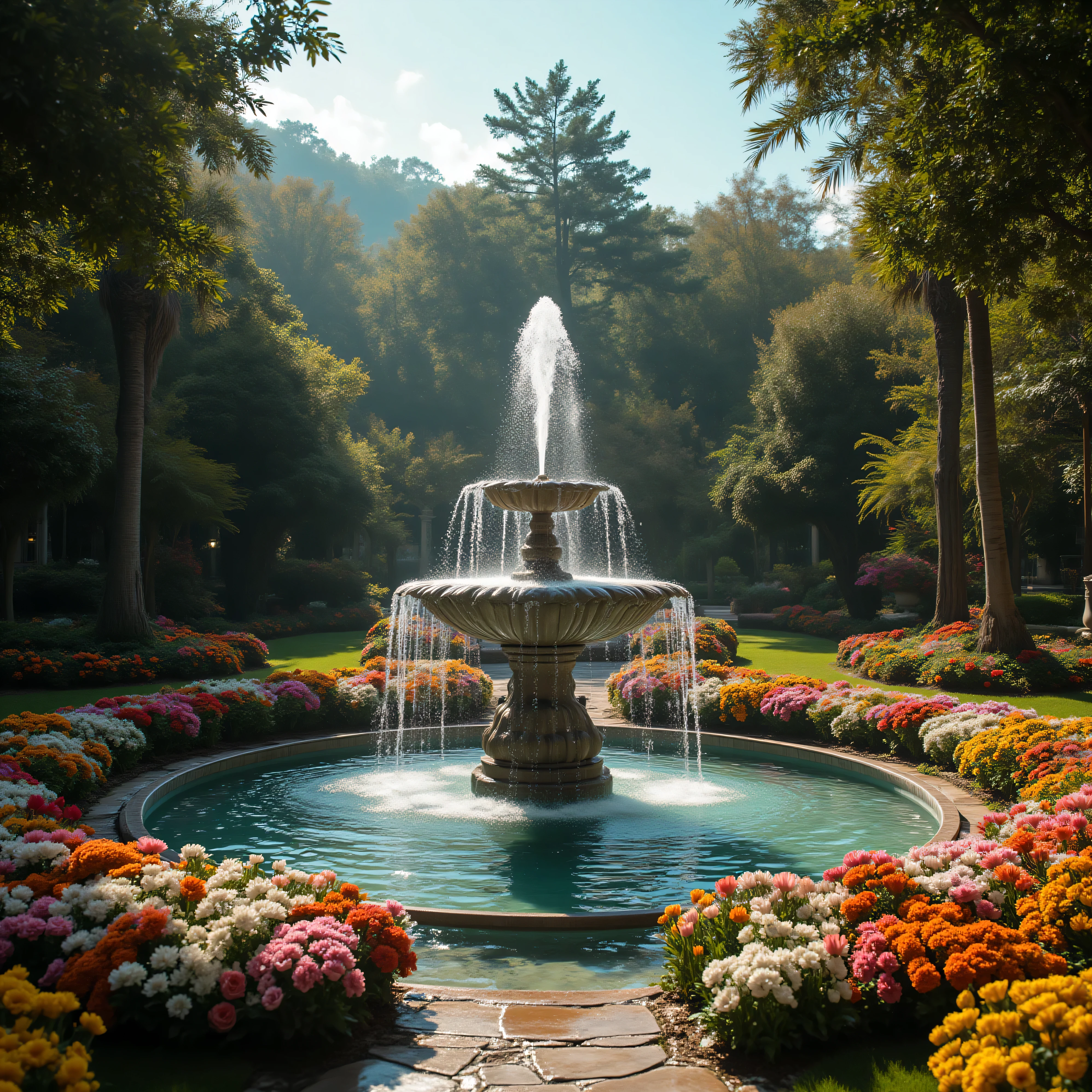 An enormous bird bath/Bird fountain in a light-colored garden with hundreds of different flowers everywhere, sending water up many feet into the air and then cascading back down into the fountain.  Beautiful cinematic scene, on a sunny day. Very luxurious and wealthy looking, an ultra-realistic, photorealistic, ultra-detailed, amazing masterpiece. 