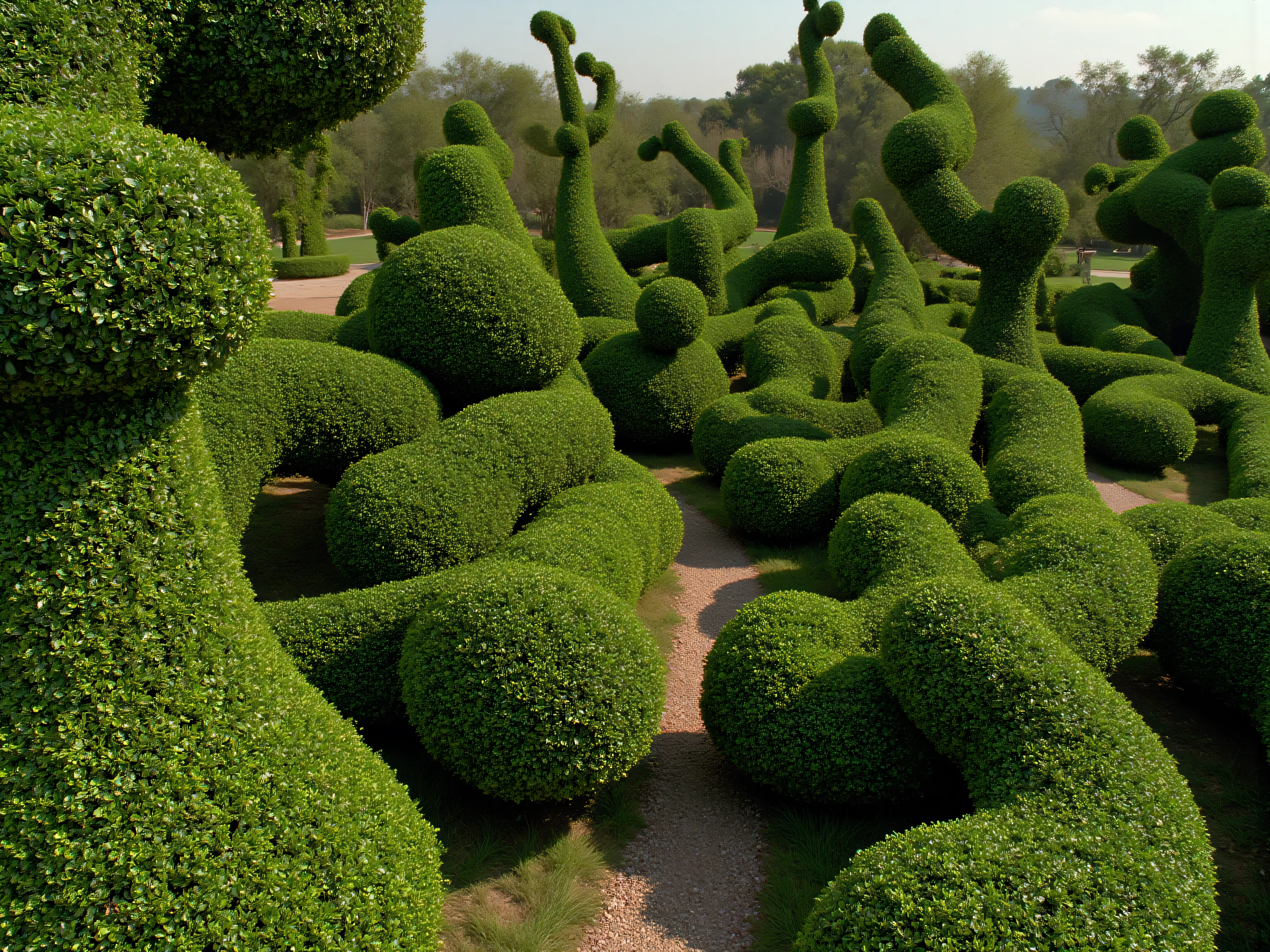 Meticulously manicured juniper bushes in different unique, innovative, and aesthetically incredible shapes and sizes. Ultra-realistic, photo-realistic, cinematic photography, hyperrealistic,  3D rendered realism, UHDR, high-res, physically-based rendering, extreme attention to detail, highly imaginative,  best quality artwork.