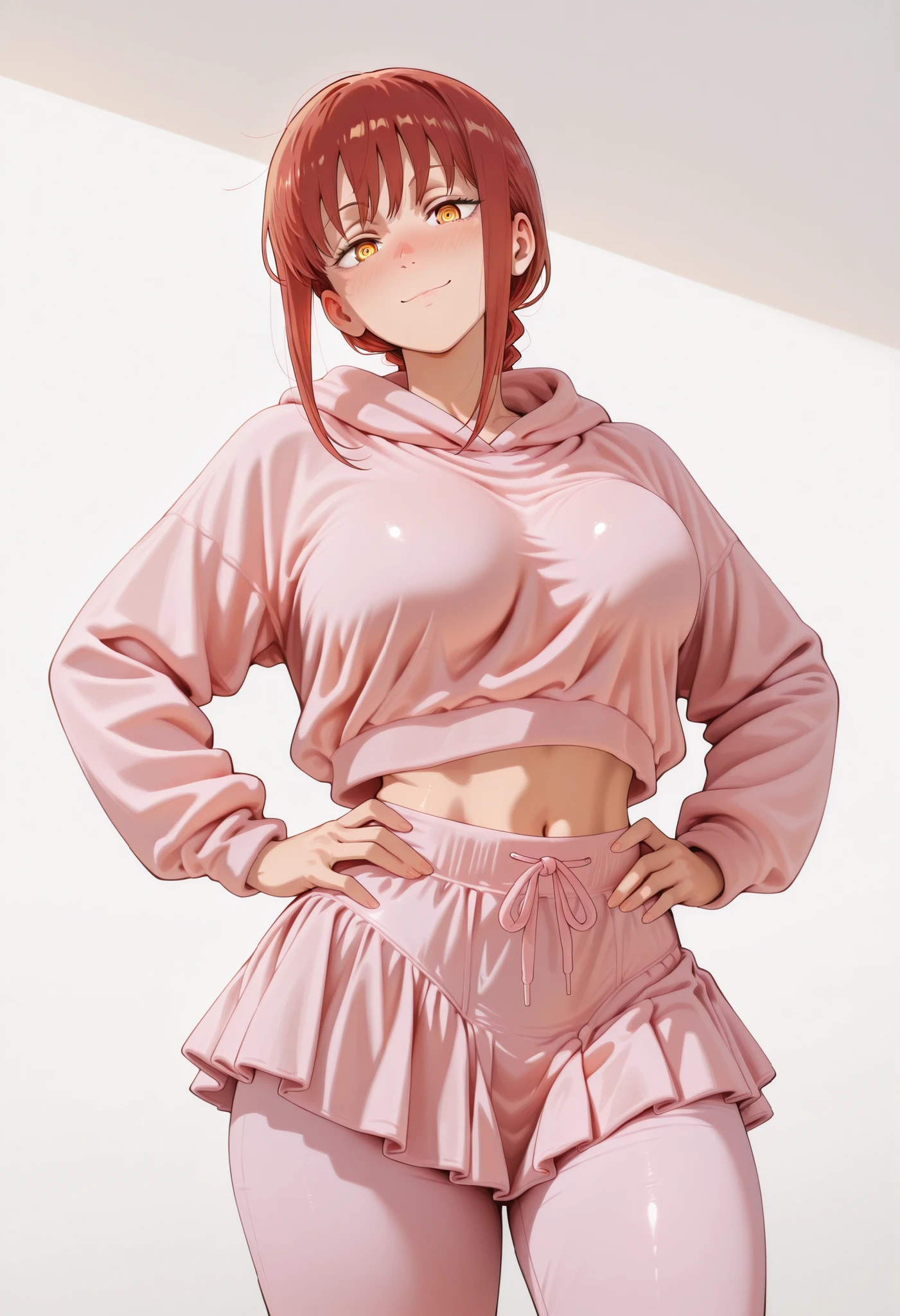 1girl, solo, makima, chainsaw man_makima, chainsawman_style, manga_style, Tatsuki fujimoto_style, red hair, long hair, braided ponytail, yellow eyes, ringed eyes, large breasts | Standing,, accentuated breasts,, smiling, closed mouth, Looking At Viewer, tilting head,,, dynamic, dynamic composition,, ,,, emotional, . ,COWBOY SHOT,. High-resolution anime-style illustration, clean lines, smooth shading, and rich fabric details., solo focus, looking at viewer, shiny skin, shiny hair, shiny body, clear body, nose blush, BREAST FOCUS, POSING,, DYNAMIC POSE, NICE LEGS, COWBOY SHOT, cowboy shot, NOSE BLUSH,. ,, dynamic pose,, opaque clothes,,, ., opaque clothes, LOOKING AT VİEWER, opaque clothes, POSING, navel, midriff, nice legs, GLOWING EYES, NICE LEGS,, POSING, STANDING,, hands on hips,, white background, empty background, pink hoodie, pants under skirt, pink skirt, pink pants