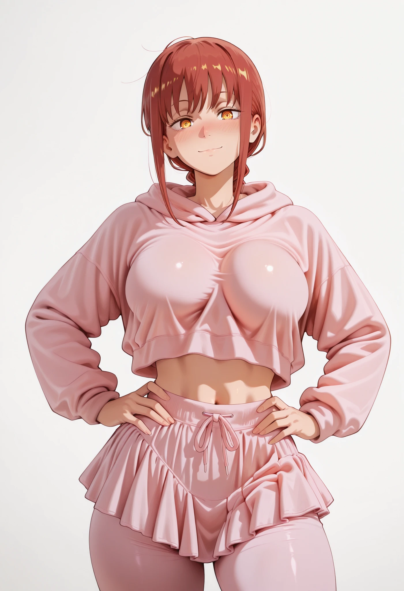 1girl, solo, makima, chainsaw man_makima, chainsawman_style, manga_style, Tatsuki fujimoto_style, red hair, long hair, braided ponytail, yellow eyes, ringed eyes, large breasts | Standing,, accentuated breasts,, smiling, closed mouth, Looking At Viewer, tilting head,,, dynamic, dynamic composition,, ,,, emotional, . ,COWBOY SHOT,. High-resolution anime-style illustration, clean lines, smooth shading, and rich fabric details., solo focus, looking at viewer, shiny skin, shiny hair, shiny body, clear body, nose blush, BREAST FOCUS, POSING,, DYNAMIC POSE, NICE LEGS, COWBOY SHOT, cowboy shot, NOSE BLUSH,. ,, dynamic pose,, opaque clothes,,, ., opaque clothes, LOOKING AT VİEWER, opaque clothes, POSING, navel, midriff, nice legs, GLOWING EYES, NICE LEGS,, POSING, STANDING,, hands on hips,, white background, empty background, pink hoodie, pants under skirt, pink skirt, pink pants