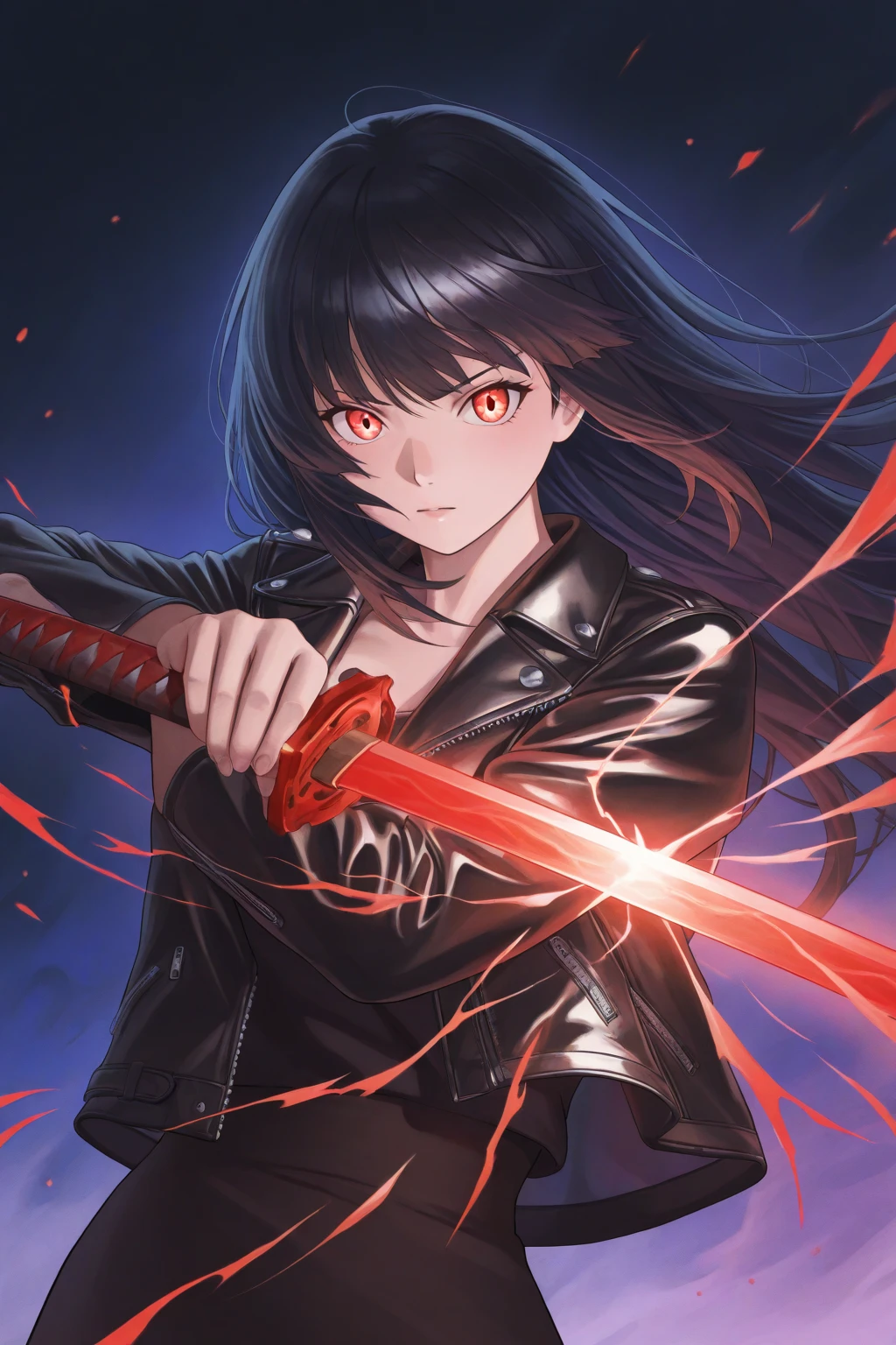 Anime girl with long black hair holding a sword and a sword - SeaArt AI