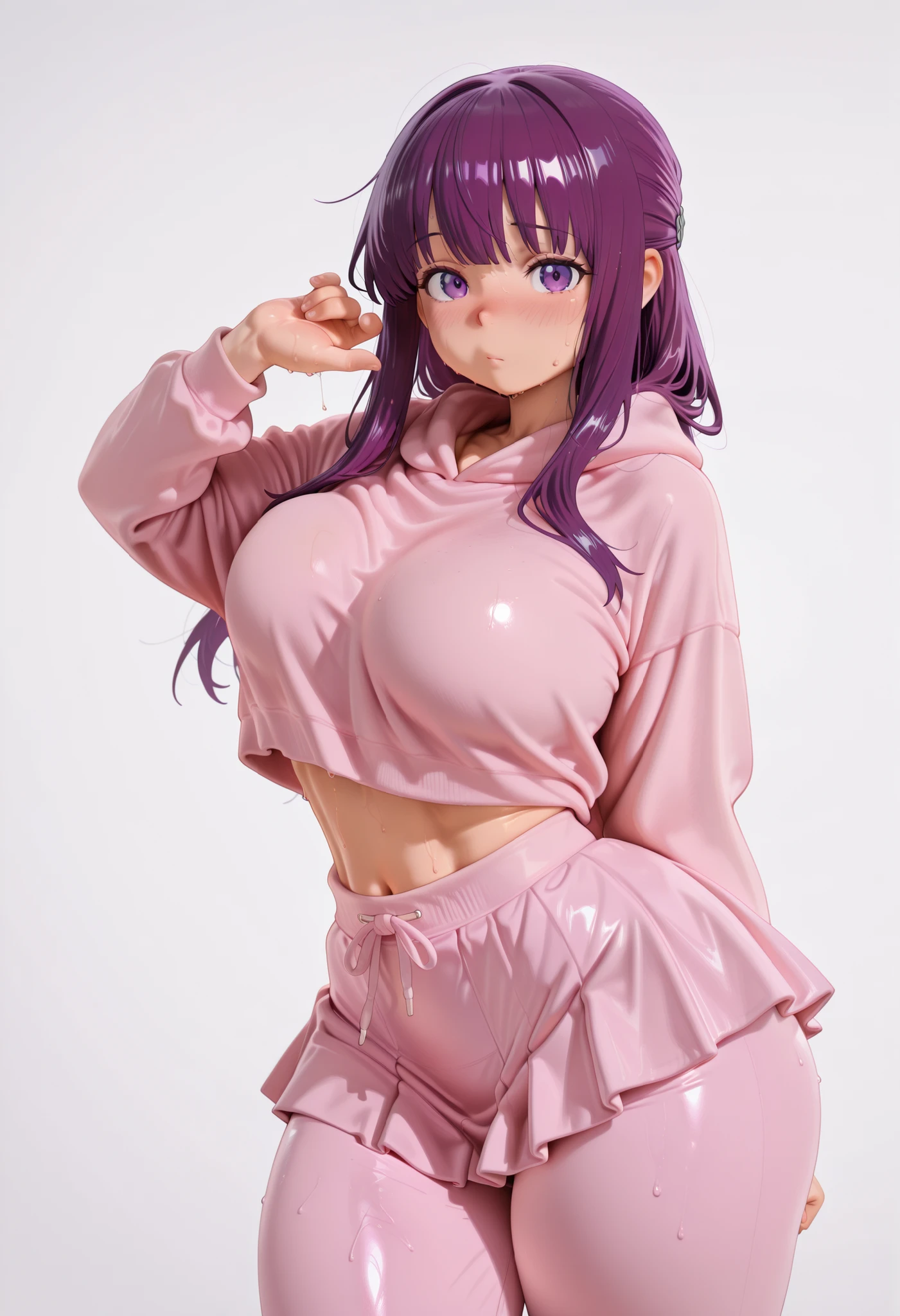 masterpiece, ,amazing thighs、long hair, purple hair、、fern、,,, posing, large breasts,best quality,
,, alone,, nose blush,, POSING , BIG ASS, THICK THIGS; WIDE HIPS, slim waist, POSING
,, DYNAMIC POSE
,,, shiny skin, shiny hair, shiny body, clear body,, looking at viewer, sexy body, medium breasts,,, nose blush,, looking at viewer, nice legs, legs,, solo, female, shiny skin, shiny hair, shiny body, clear body,,, digital illustration, cowboy shot ,,,, ,,, , ,,, large BREASTS, , looking at viewer, NOSE BLUSH,,, shiny skin, shiny hair, shiny body, clear body, , solo,, POSING, thick thighs, thighs, solo,, POSING, DYNAMIC POSE,, opaque clothes, large breasts, looking at viewer, nose blush, shiny legs, shiny body, shiny hair, clear skin, clear body, sweat, sweaty, sweaty:1.3, solo, thick thigh, thick thighs, solo, female, large breasts,, looking at viewer, large breasts, STANDING, POSING, COWBOY SHOT, NICE LEGS, opaque clothes,, large BREASTS,, solo, large breasts, thick thigh, dynamic pose, navel ,midriff, ,,,,, Looking At Viewer, tilting head,,, dynamic, dynamic composition,, white background, empty background, pink hoodie, pants under skirt, pink skirt, pink pants