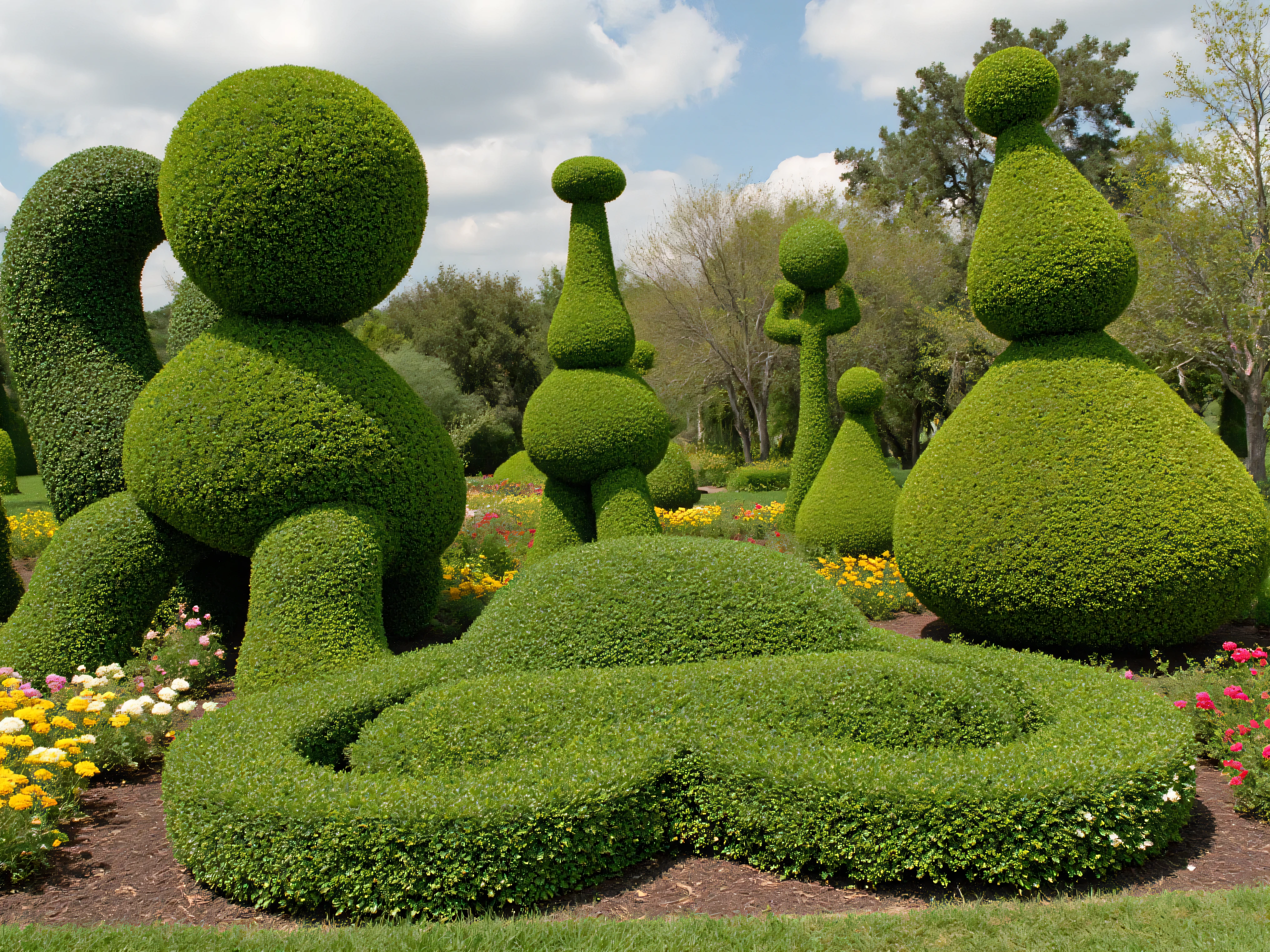 Meticulously manicured juniper bushes in different unique, innovative, and aesthetically incredible shapes and sizes. Ultra-realistic, photo-realistic, cinematic photography, hyperrealistic, 3D rendered realism, UHDR, high-res, physically-based rendering, extreme attention to detail, highly imaginative, best quality artwork.