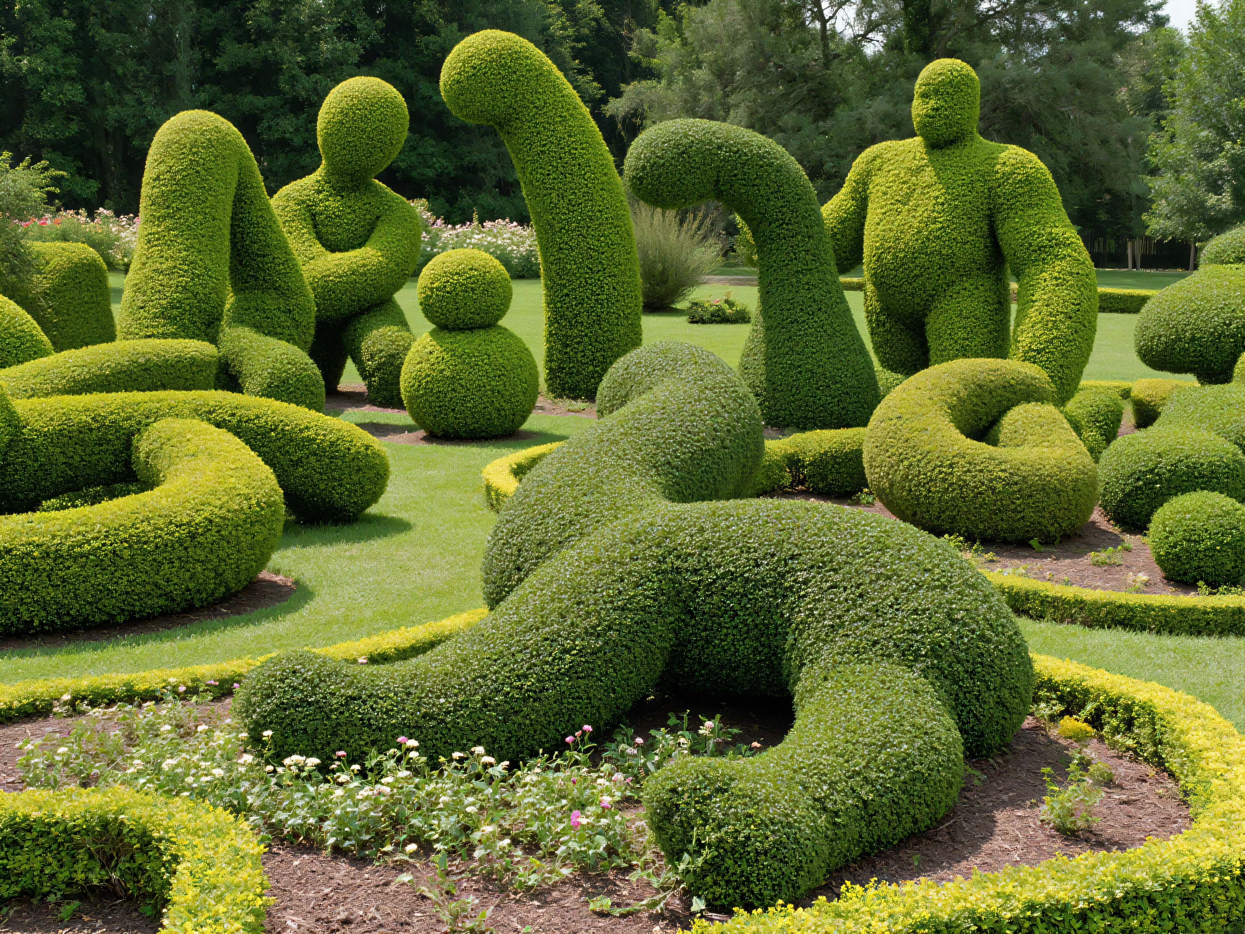 Meticulously manicured juniper bushes in different unique, innovative, and aesthetically incredible shapes and sizes. Ultra-realistic, photo-realistic, cinematic photography, hyperrealistic, 3D rendered realism, UHDR, high-res, physically-based rendering, extreme attention to detail, highly imaginative, best quality artwork.