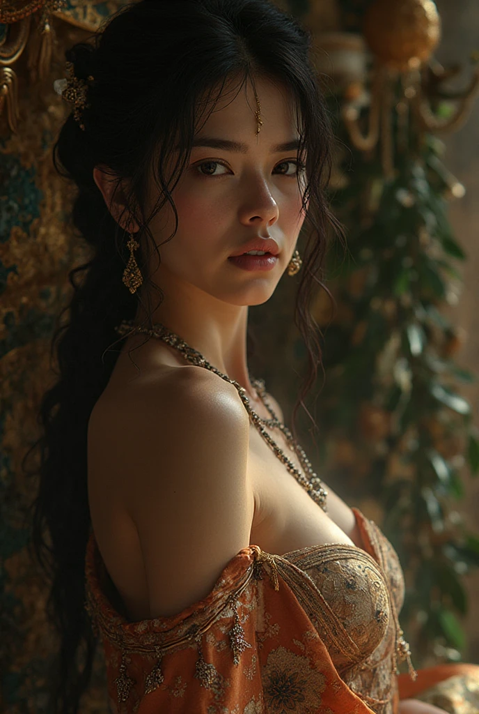 (??????????? 1.5) ((rear view)) (pose: yoga position "cow") a beautiful asian ?????????? ?????, bronze skin, slim, ((beautiful and very very detailed spine)) (anatomically correct, High precision human, highly detailed ?????? realistic skin) thighs and legs (RAW photo, nikon, 8k, Super detailed, advanced details, intricate details, Super detailed), (award winning photo, masterpiece), (photo-realistic) Photo in the style of: lee jeffries nikon d850 film 4 kodak portra 400 camera f1.6 lens, rich colors, hyper realistic, lifelike texture, dramatic lighting, cinestill 800 tungsten, Background: High contrast, lying on a teal silk draped stone slab in a ruined greek temple,  a half-asian, asian-european, woman with black wavy hair in the style of a greek goddess. bronze skin. Aphrodite, goddess, divine aura, eros, ??????, A photo composed in the style of a pre-raphelite painting, golden ratio , wearing ancient jewellery on upper arms, neck, wrists, fingers 
