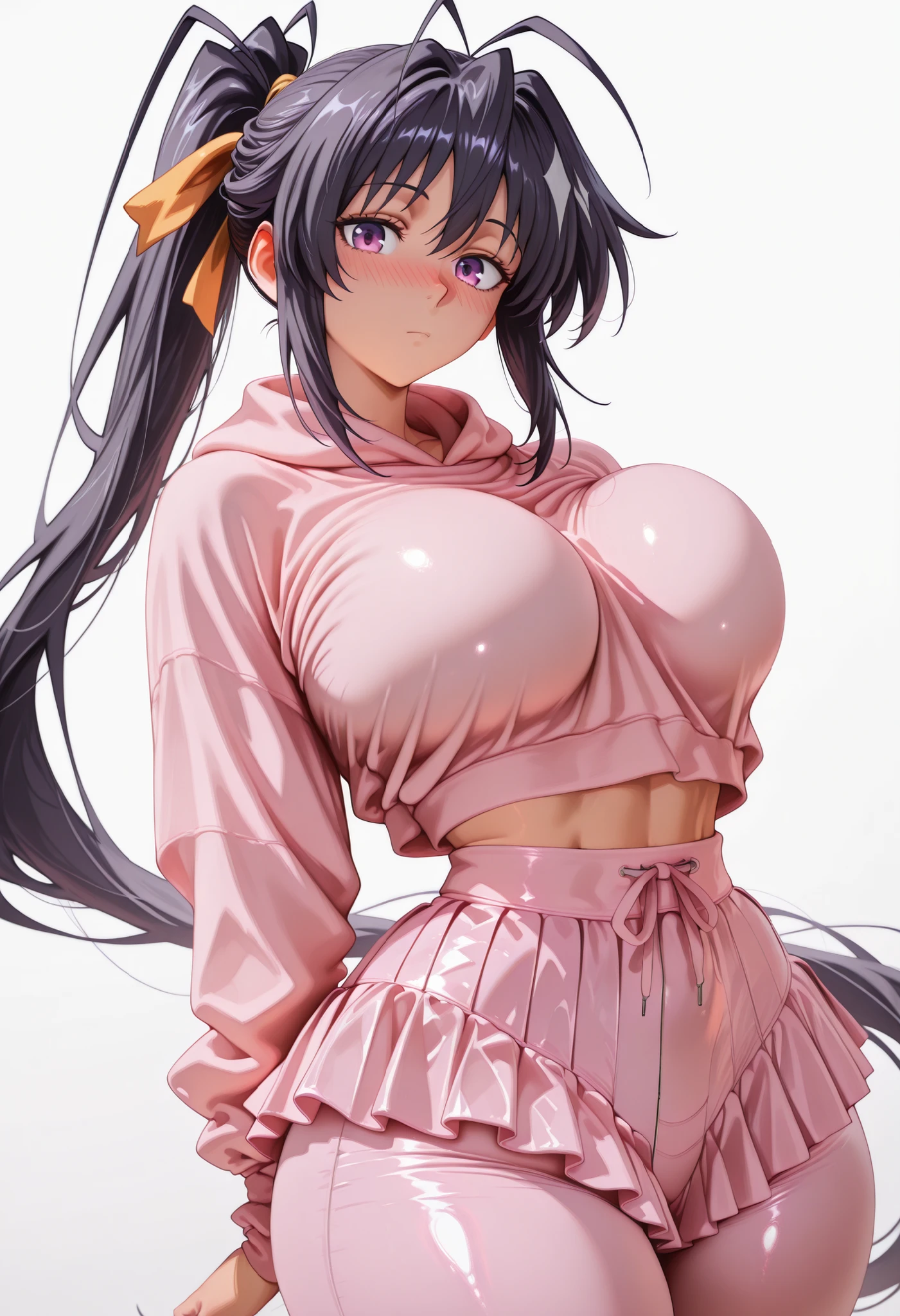 cowboy shot of ((large breast)), ((Thicc)), (()), (wide hips), 1girl, akeno himejima, long hair, black hair, ribbon, very long hair, purple eyes, hair ribbon, ponytail, antenna hair, looking at viewer, shiny skin, shiny hair, shiny body, clear body, nose blush,, POSING,, DYNAMIC POSE,,, NICE LEGS, COWBOY SHOT, ,, TIGHT CLOTHES, covered breasts, , , thick thighs , soft glossy skin , detailed shading , soft light , realistic anime style , ultra-detailed , 8k , masterpiece , highly detailed ,, , VIEW FROM FRONT , , ,, hourglass figure , large bust and wide hips ,, , OPAQUE CLOTHES , covered breasts , ,,white background, empty background, ,,. ,,, DYNAMIC POSE, ,,, pink hoodie, pants under skirt, pink skirt, pink pants
