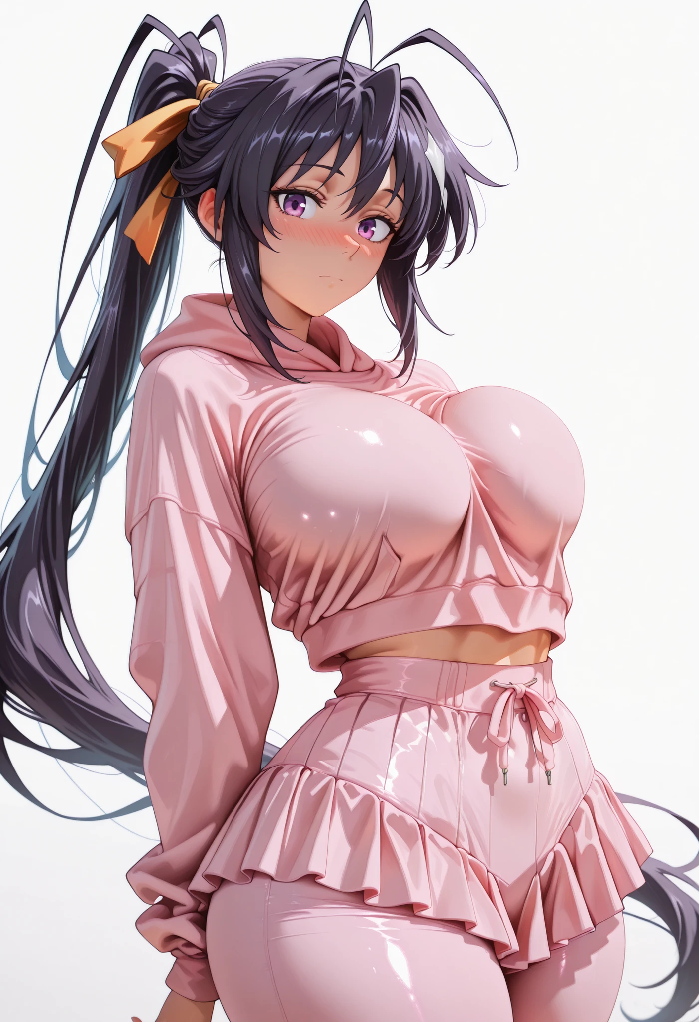 cowboy shot of ((large breast)), ((Thicc)), (()), (wide hips), 1girl, akeno himejima, long hair, black hair, ribbon, very long hair, purple eyes, hair ribbon, ponytail, antenna hair, looking at viewer, shiny skin, shiny hair, shiny body, clear body, nose blush,, POSING,, DYNAMIC POSE,,, NICE LEGS, COWBOY SHOT, ,, TIGHT CLOTHES, covered breasts, , , thick thighs , soft glossy skin , detailed shading , soft light , realistic anime style , ultra-detailed , 8k , masterpiece , highly detailed ,, , VIEW FROM FRONT , , ,, hourglass figure , large bust and wide hips ,, , OPAQUE CLOTHES , covered breasts , ,,white background, empty background, ,,. ,,, DYNAMIC POSE, ,,, pink hoodie, pants under skirt, pink skirt, pink pants