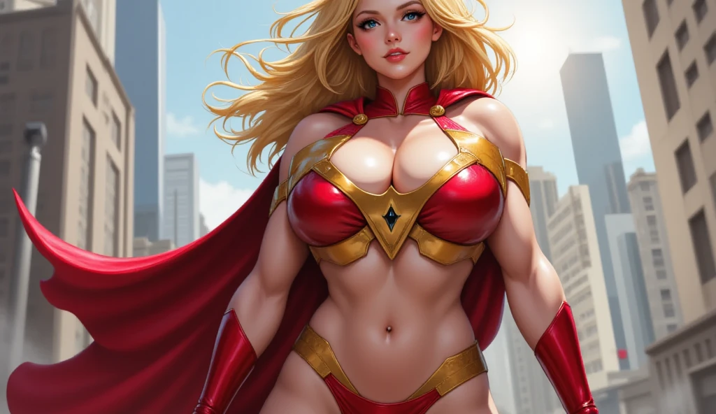 (Busty muscular brute cute Lady Gaga), huge strong biceps volume, huge firm ??????? volume, enormous ???? volume, strong tonned exposed abs, muscular strong legs, bodybuilder muscles bursting in strength, long wavy curly hair, subtle smile, exposed abs skin, city destruction fire background, fully ????? under superheroine cape