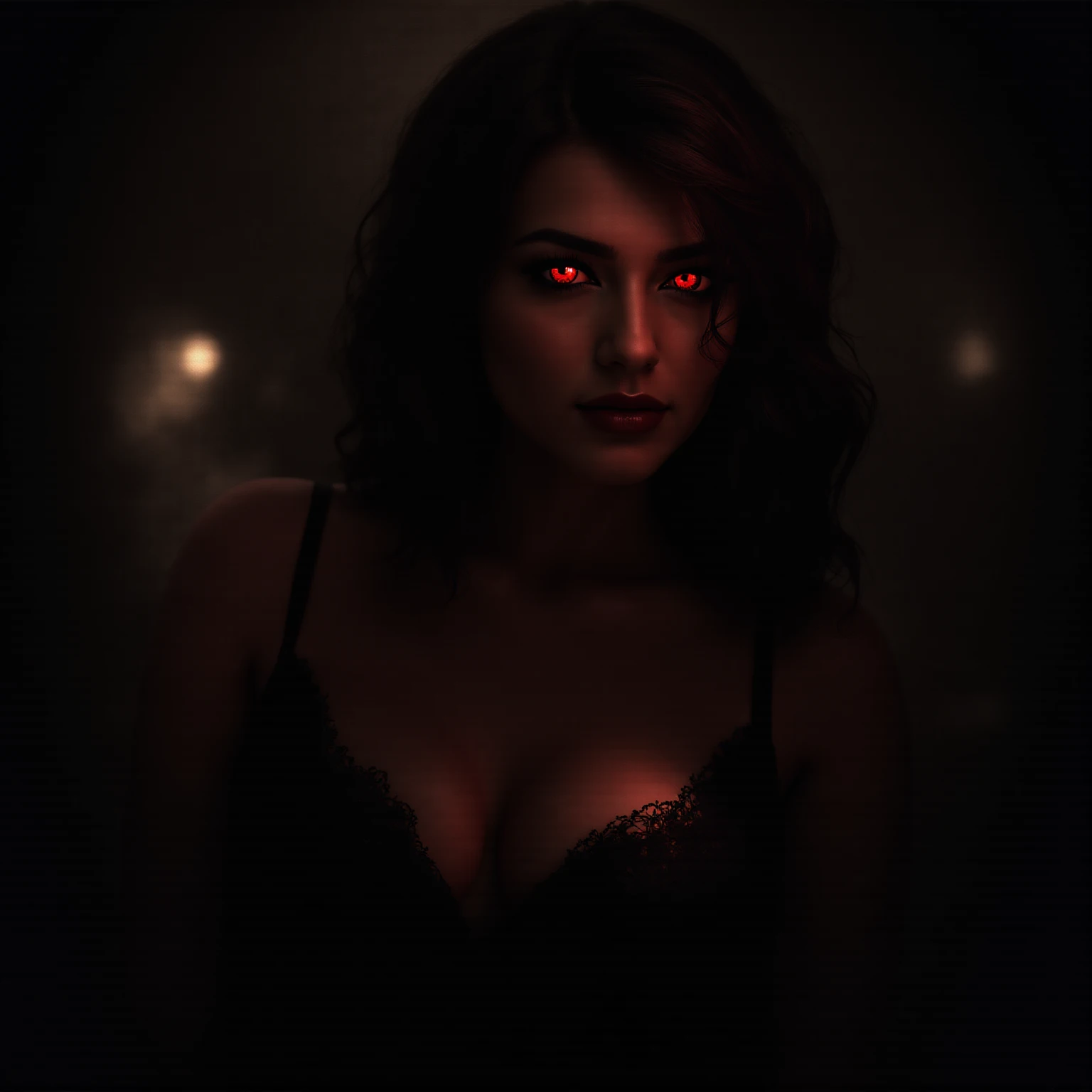 UHD, 4k, ultra detailed, cinematic, a photograph of  <lora:1980's Fright Night Film style:0.7>
In the 1980's Cinematic medium Wide Shot Film Footage captured by Panavision Cameras and Lenses, Vampire Human Regine a nude vampire woman with a black bra top and a yellow vampire eye lenses, and red background, staring at camera with serious look on her face, Fright Night 1985 Film Style, 1girl, solo, long hair, breasts, looking at viewer, black hair, cleavage, jewelry, medium breasts, yellow eyes, earrings, lips, makeup, glowing eyes, horror themed, dark themed, low key light, dramatic light, dramatic shadow light, contrast, cinematic color, cinematic look, filmic, realistic, realism, perfection, perfect, Kodak, Kodak film, movie still, Fright Night 1985 style, Fright Night Film style, lingerie
, epic, beautiful lighting, inpsiring