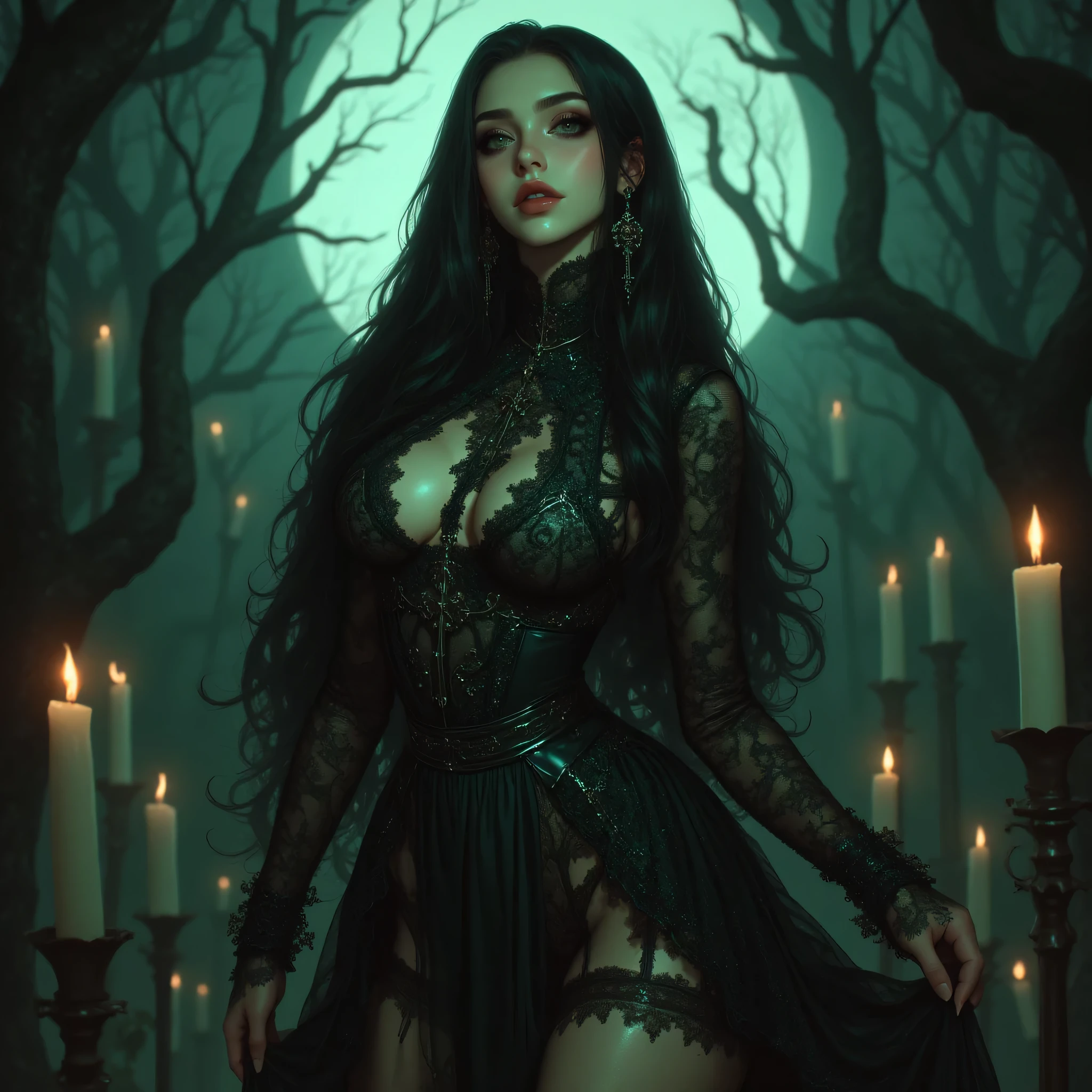  A stunning gothic witch standing in a moonlit forest clearing, upper body portrait. Her long black hair flows in soft waves over her shoulders, glossy and detailed. She wears a tight, elegant black lace dress with intricate patterns that enhance her voluptuous curves naturally. Her pose is confident and alluring, one hand resting gracefully on her hip, the other softly lifted, showing delicate, perfectly shaped fingers and elegant hand posture.

Her emerald green eyes are bright, sharp, and full of mystery — realistic, symmetrical, and expressive under the soft glow of the full moon. Her enchanting smile reveals perfect white teeth. The scene is surrounded by flickering candles, subtle mist, and twisted tree silhouettes, creating a magical, cinematic atmosphere with high detail and dramatic lighting.

ultra-realistic, photorealistic, cinematic lighting, high-resolution, detailed skin texture, perfect anatomy, elegant composition, gothic fantasy style, realistic eyes and hands, fine lace details, sharp focus, masterpiece, 8K quality.