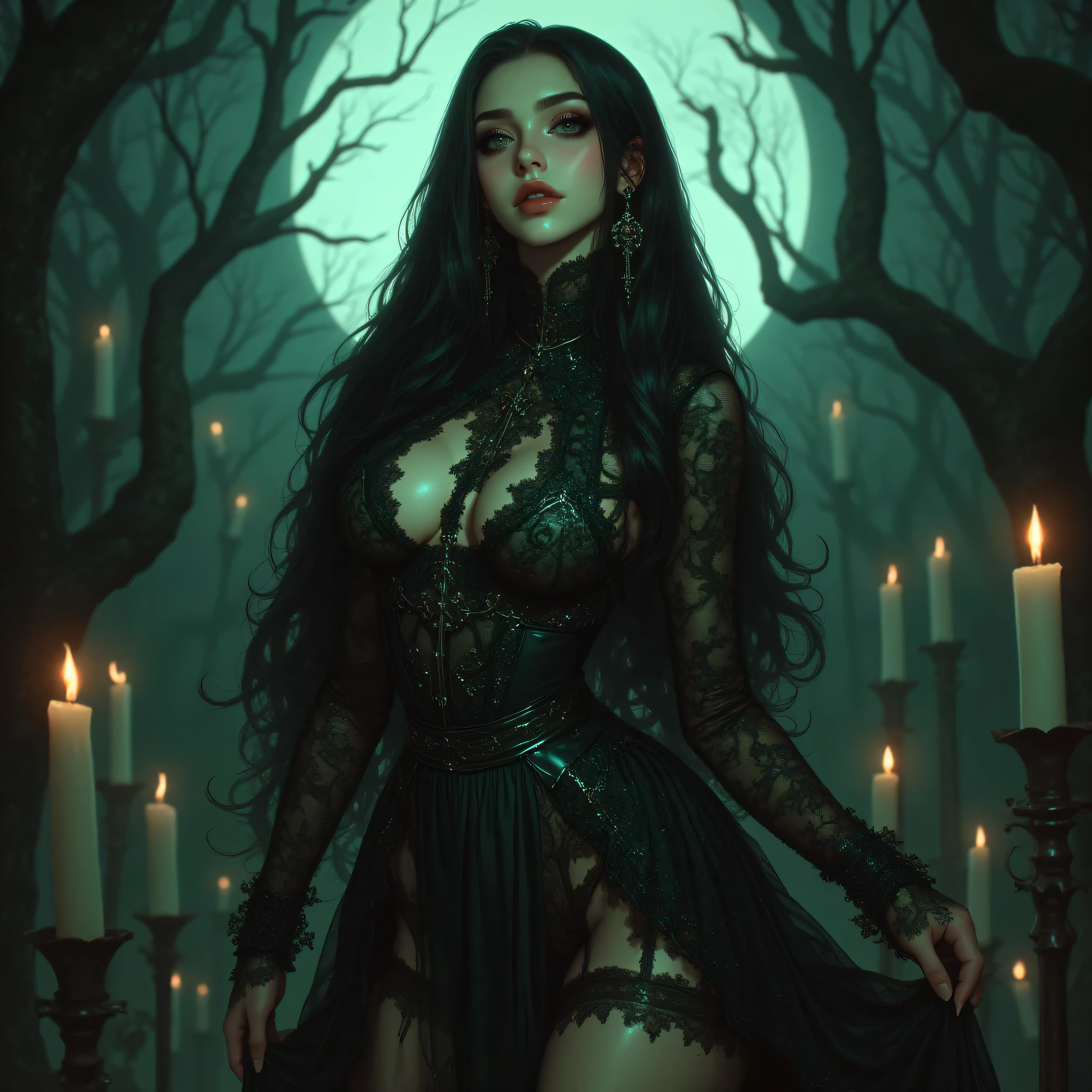 A stunning gothic witch standing in a moonlit forest clearing, upper body portrait. Her long black hair flows in soft waves over her shoulders, glossy and detailed. She wears a tight, elegant black lace dress with intricate patterns that enhance her voluptuous curves naturally. Her pose is confident and alluring, one hand resting gracefully on her hip, the other softly lifted, showing delicate, perfectly shaped fingers and elegant hand posture.
Her emerald green eyes are bright, sharp, and full of mystery — realistic, symmetrical, and expressive under the soft glow of the full moon. Her enchanting smile reveals perfect white teeth. The scene is surrounded by flickering candles, subtle mist, and twisted tree silhouettes, creating a magical, cinematic atmosphere with high detail and dramatic lighting.
ultra-realistic, photorealistic, cinematic lighting, high-resolution, detailed skin texture, perfect anatomy, elegant composition, gothic fantasy style, realistic eyes and hands, fine lace details, sharp focus, masterpiece, 8K quality.