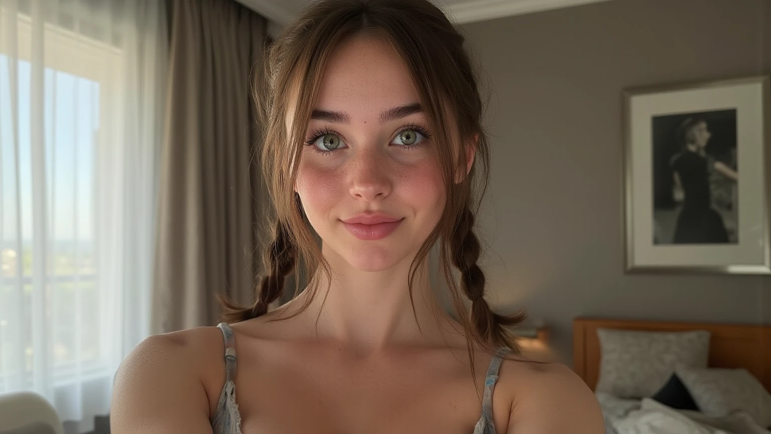 nat, 1girl, pink headband, green eyes,  blonde hair, long hair, lips, bang, blush, , mid shot, Julia Harvey, 1girl, brown eyes,  brunette hair, long hair, lips, bang, blush, , ((small breasts)), big , (), sitting on teachers desk in a classroom, , , Legs raised, (((No ))), ((visible )), pubic hair, masterpiece, best quality, ultra-detailed, ultra-HD, photorealistic, cinematic, close-up camera shot, sensual pose, alluring Natalie:1.2, perfect , perfect face, proportioned hands, masterpiece, top quality, (Ultra detailed face and eyes:1.3), 1 girl, 18 years old, (Eye makeup, mascara) , ((large detailed lips)), ((dark)) , ((small breasts)). ((Posing)), photoshoot, studio (soft lighting), glamour makeup, smoky eye shadow, (The play of light and shadows), depth of field, bokeh, (special attention to skin detail: 1.2), (Dark atmosphere of the frame, Dark color scheme), ((mid shot)) , ultra detailed, visible , (((mid shot)))